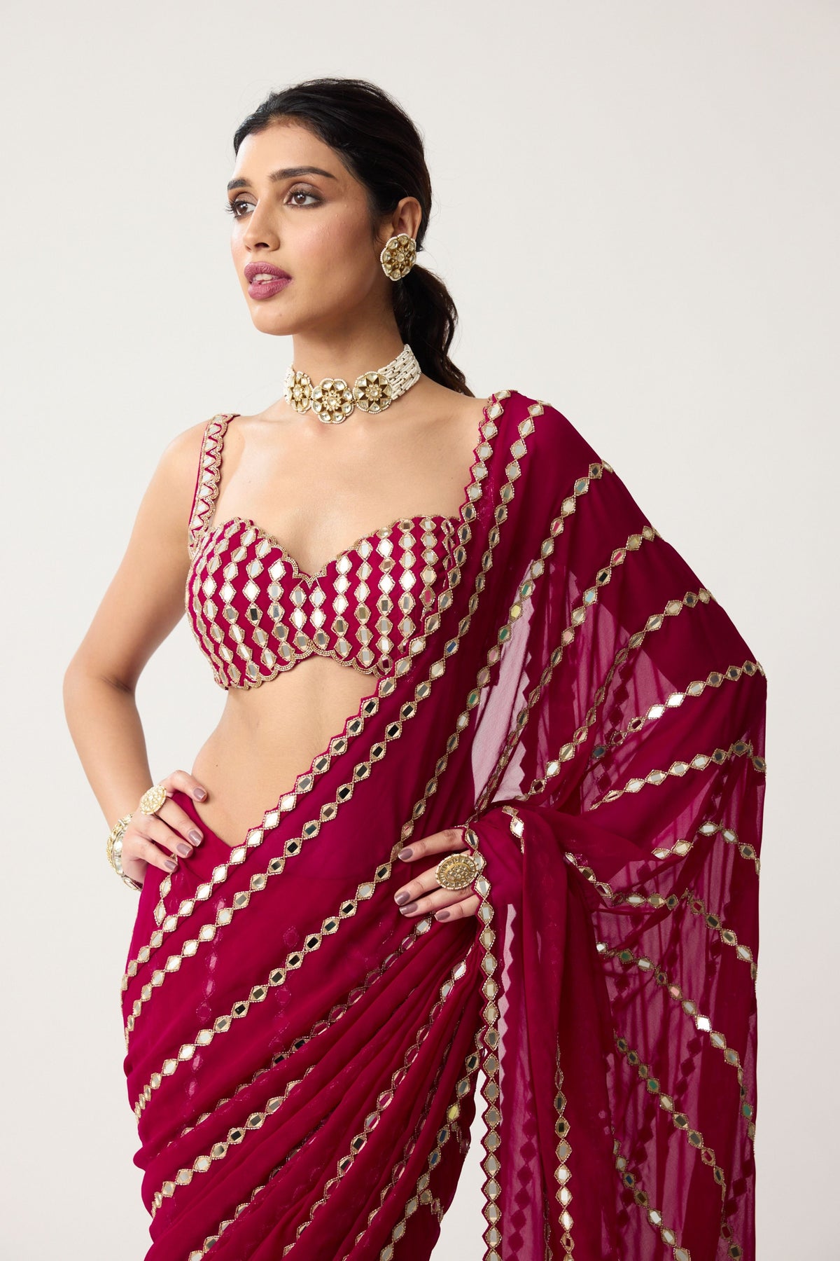 Ruby Red Draped Saree Set
