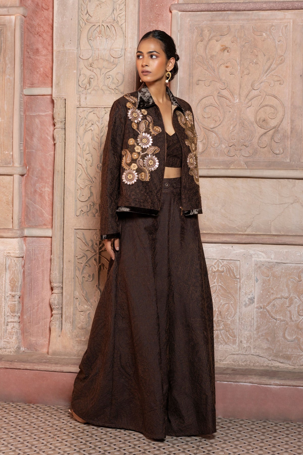 Brown Embroidered Jacket Set