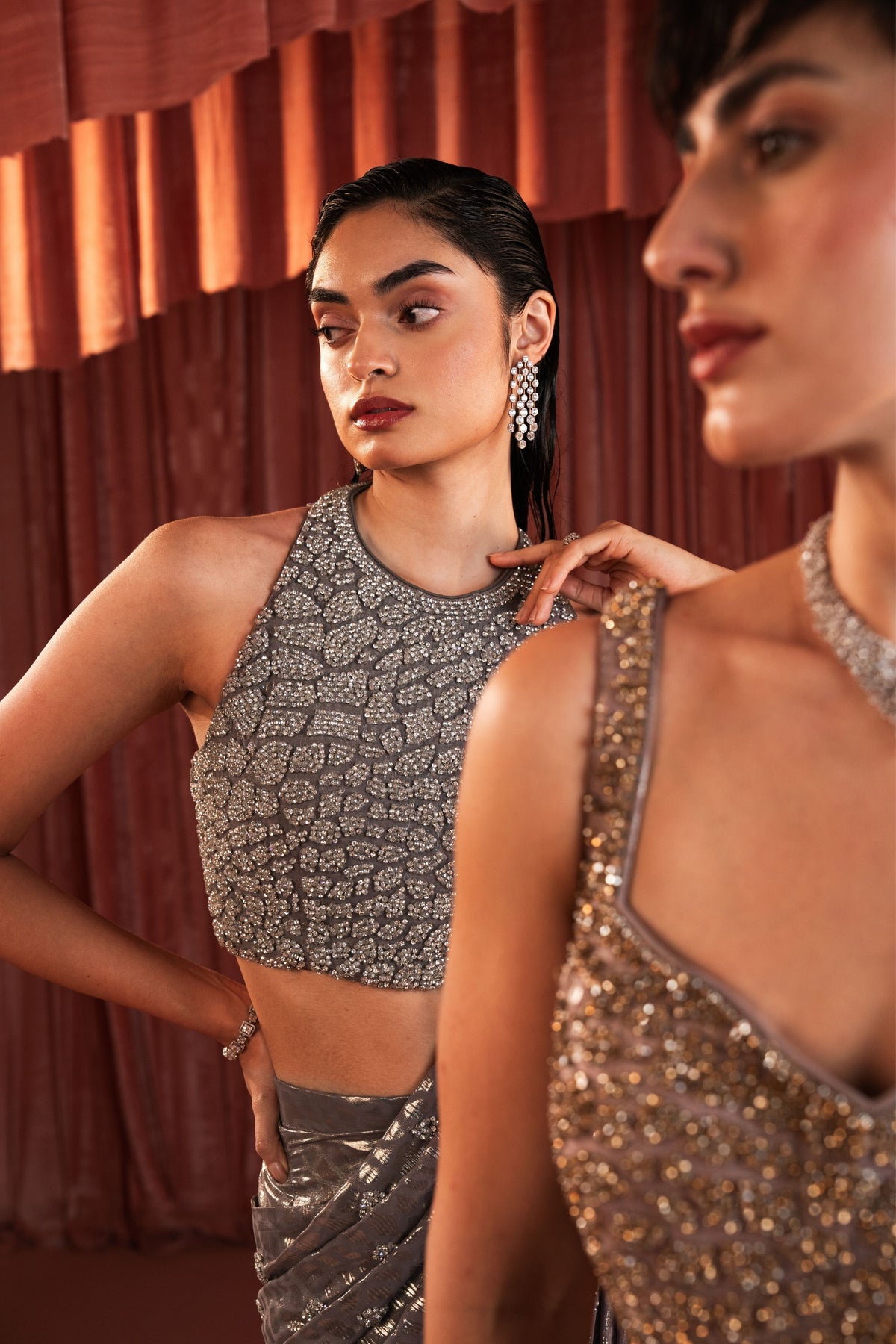 Metallic Grey Draped Saree Set