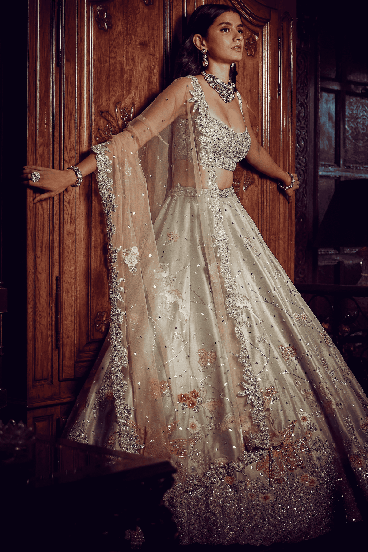 Ice Blue Flamingo Landscape Lehenga Set