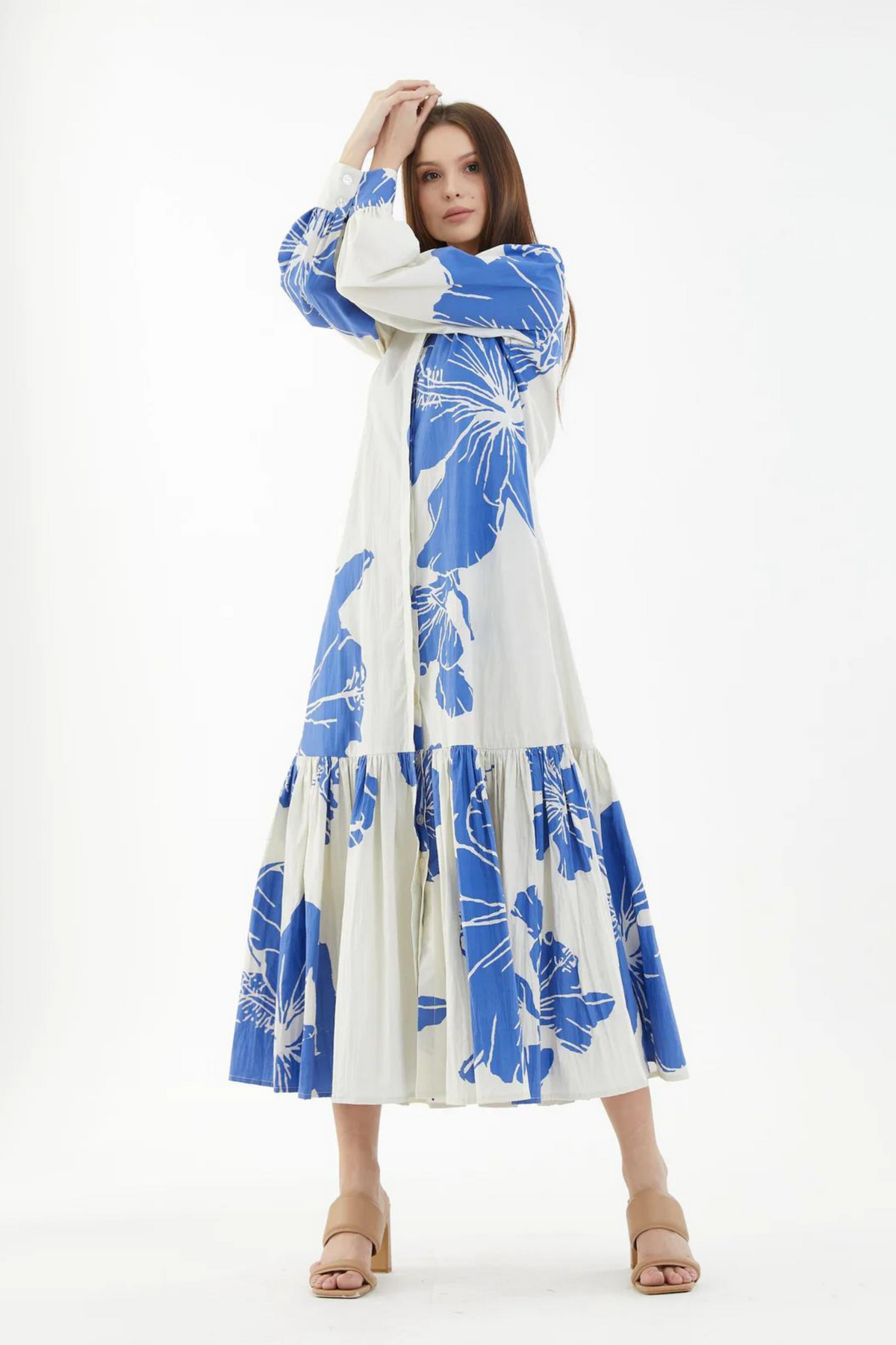 White And Blue Floral Single Tier Dress