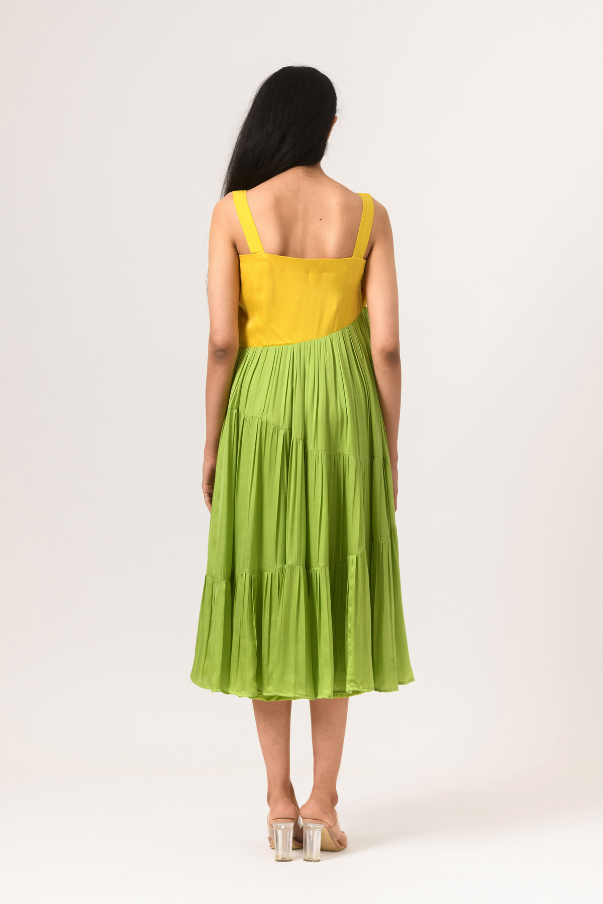 Yellow green asymmetrical gather dress