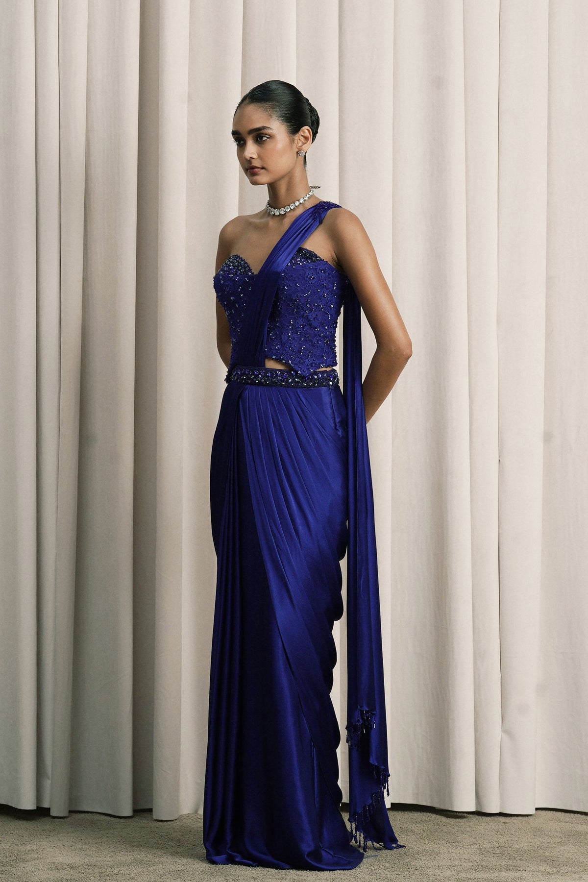 Royal Blue Chantilly Draped Saree Set