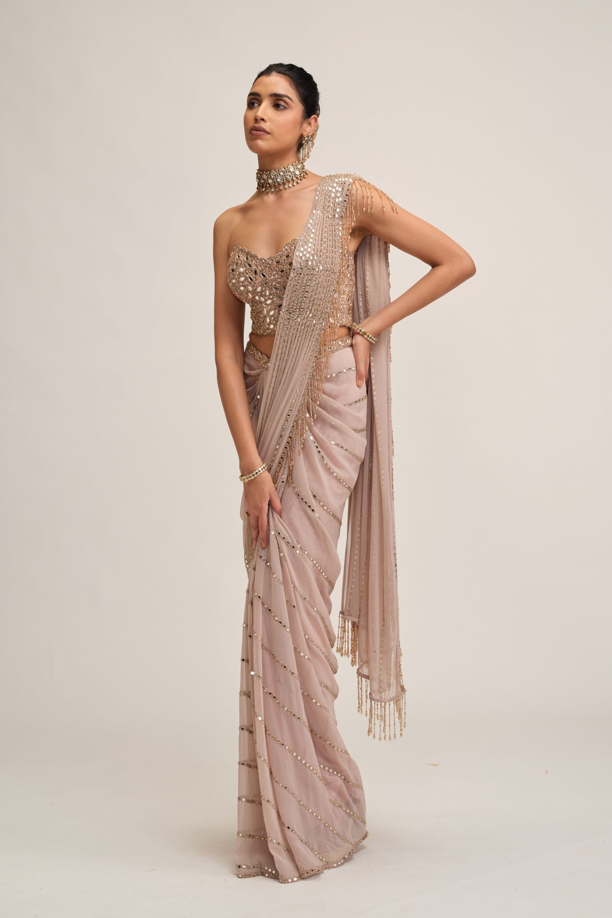 Ash Embroidered Saree Set