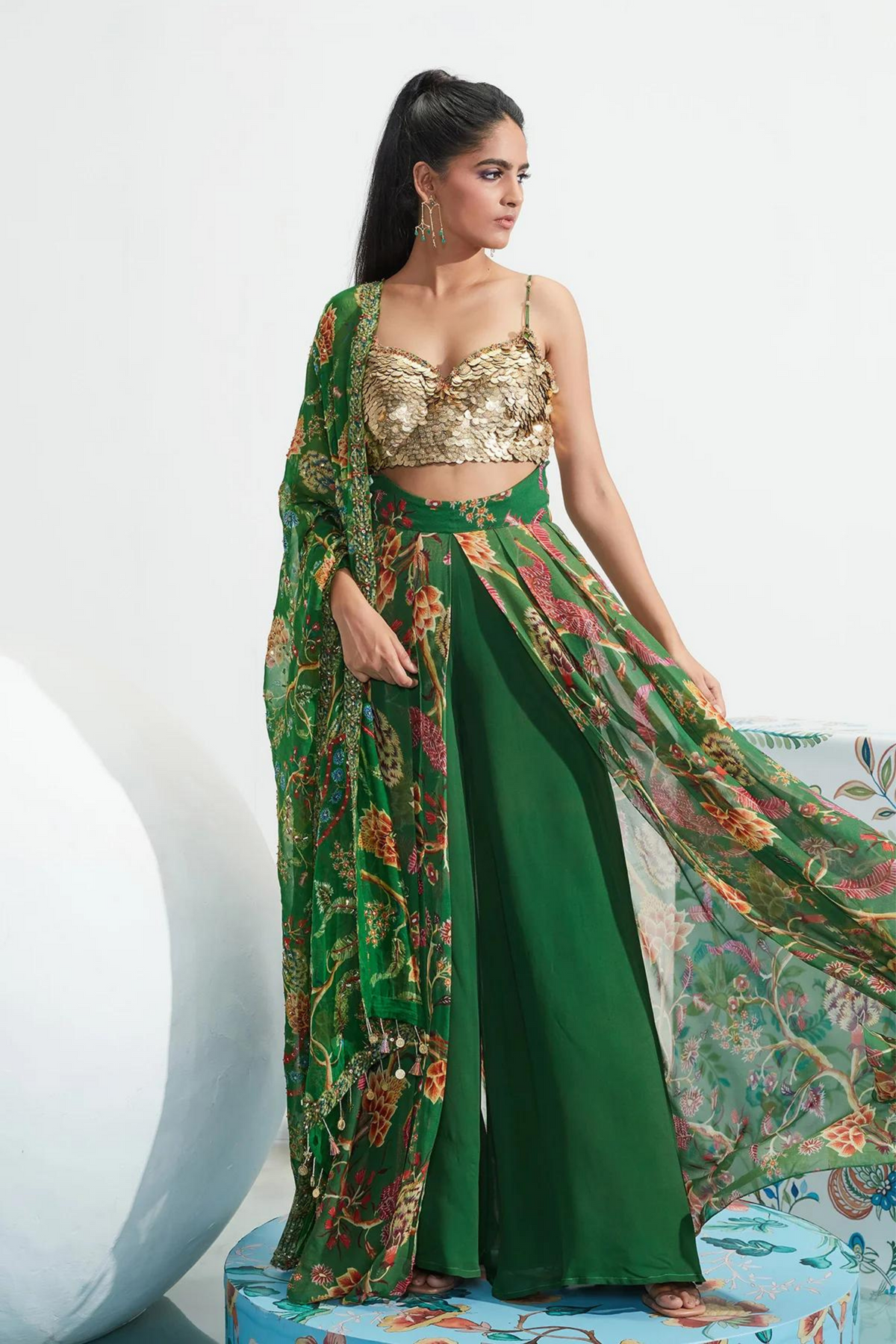 Sahar Green Embroidered Pant Set
