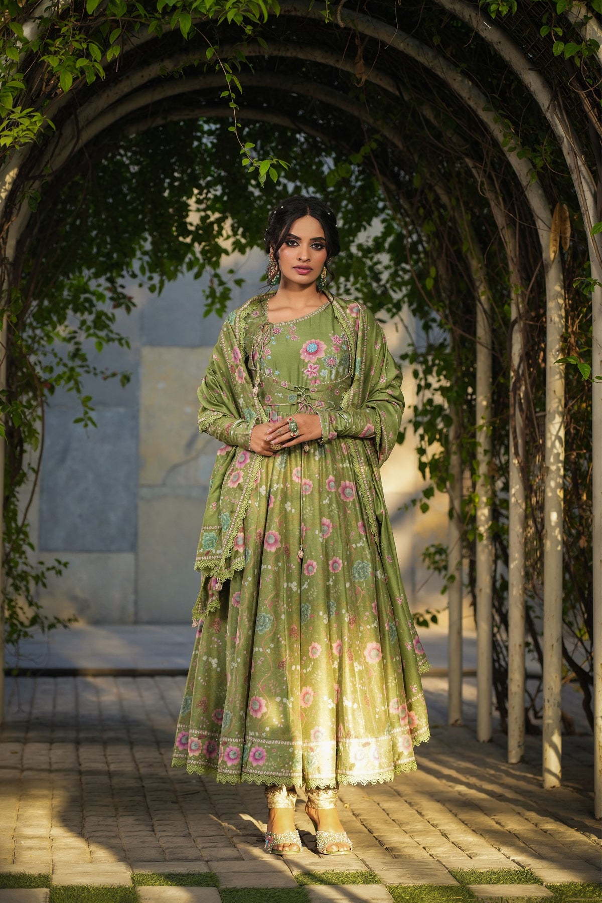 Mughal Koti Anarkali in Dark Green