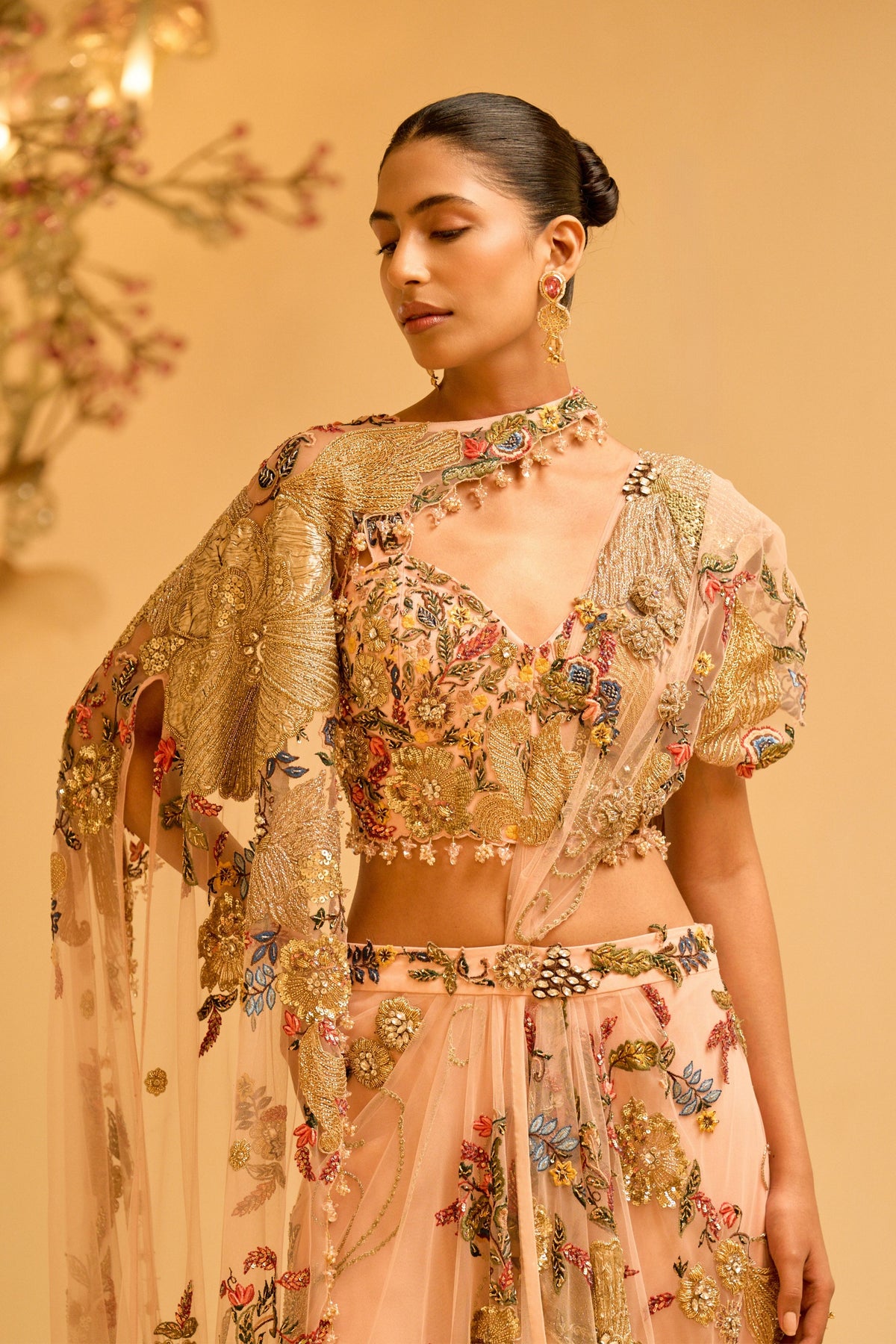 Botanical Draped Saree With Cape