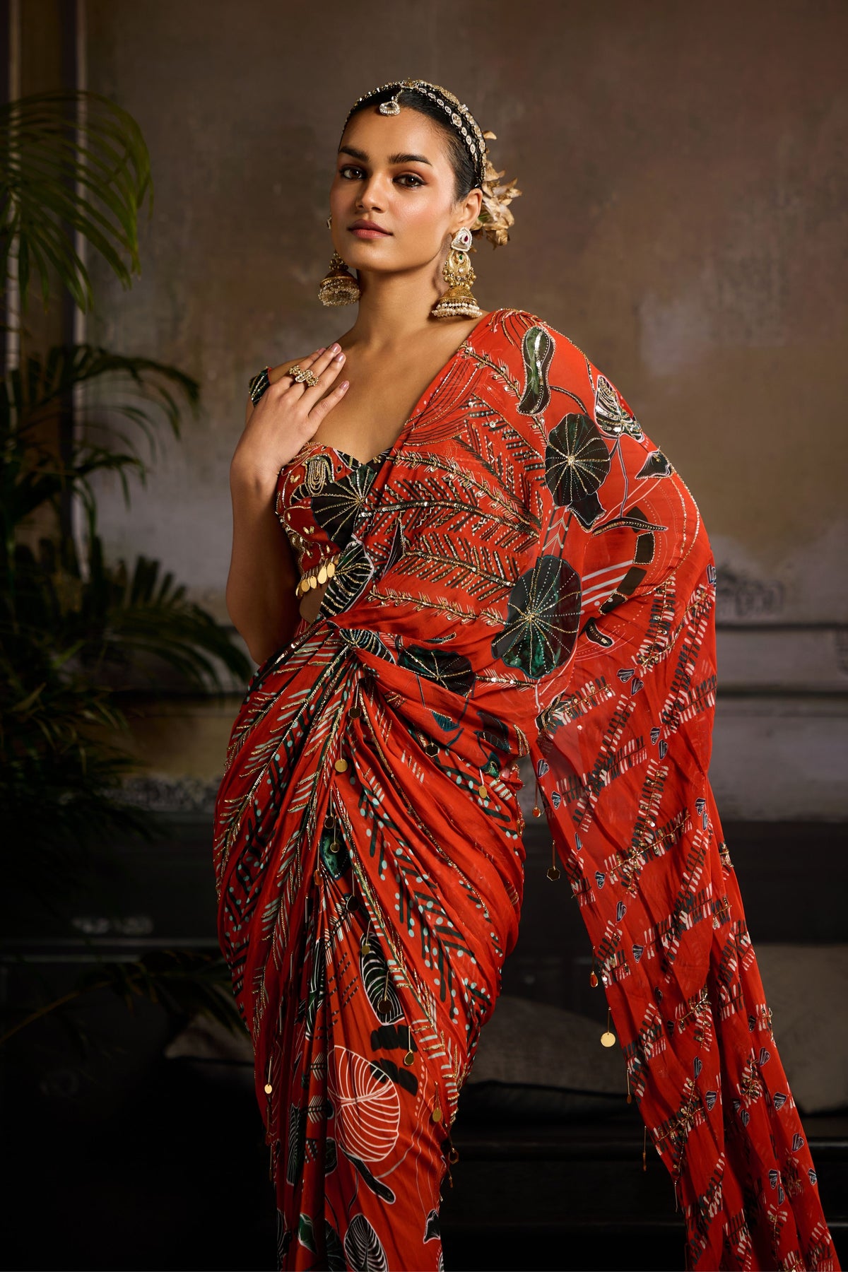 Rust Printed Draped Saree Set