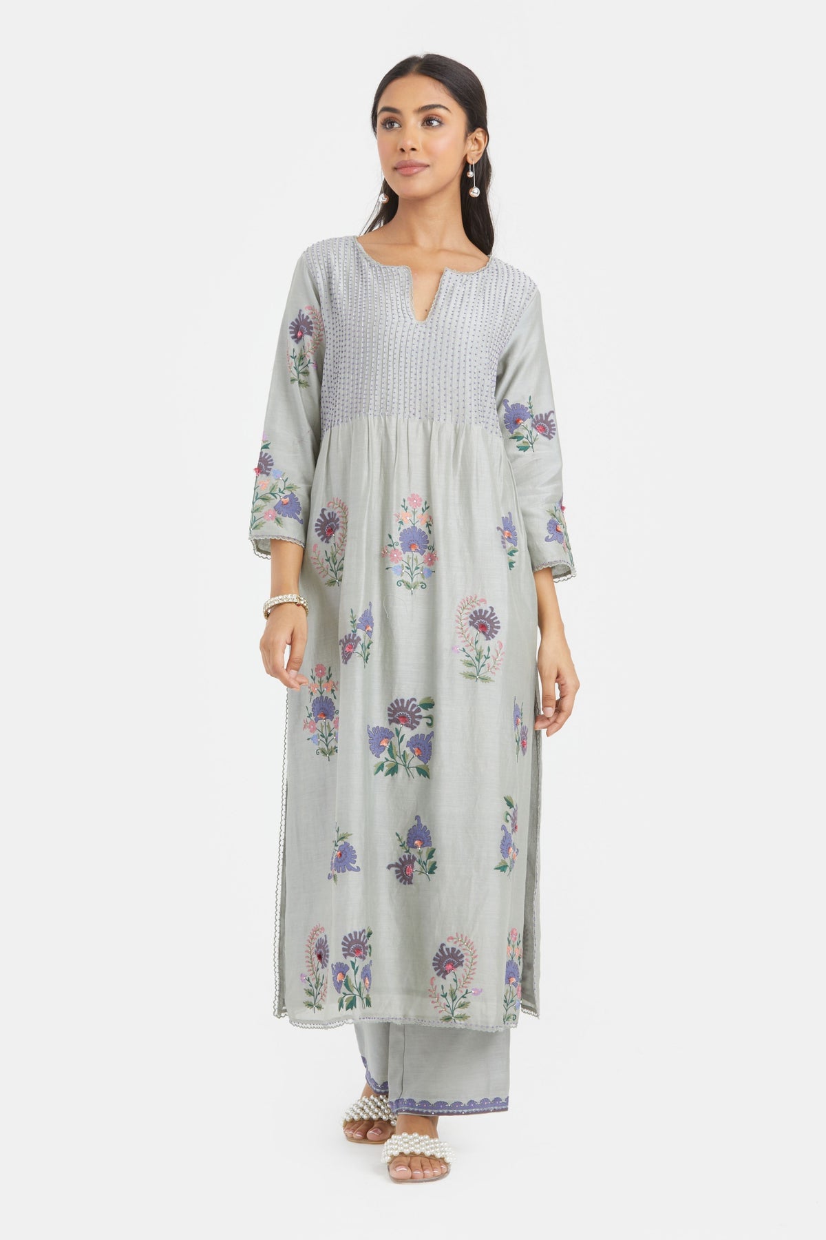 Chanderi Bluish Grey Kurta Set