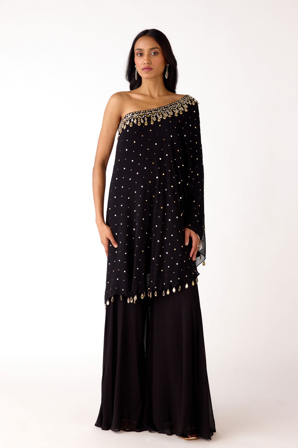 Black One Shoulder Cape Set