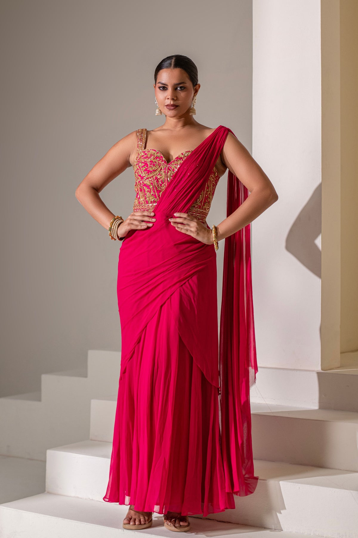 Fuchsia Pink Corset Saree Set