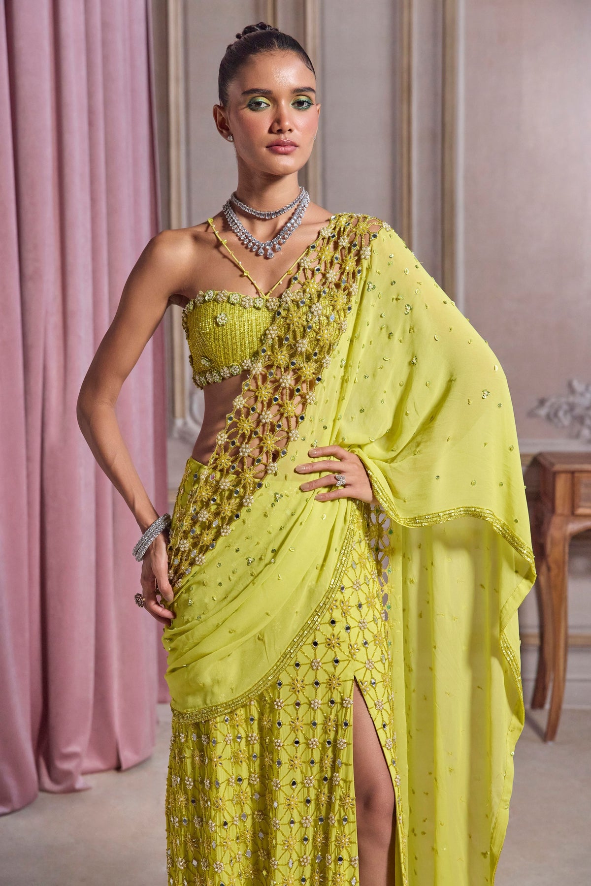 Neon Green Slit Saree Set