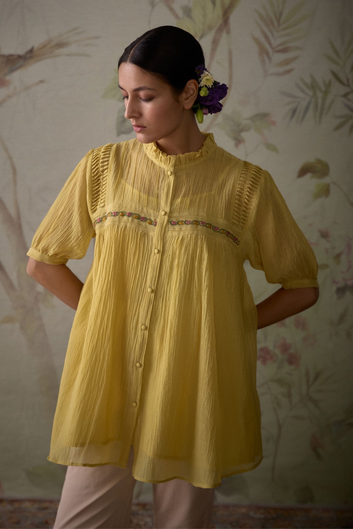 Lemon Yellow Pintuck Tunic Set