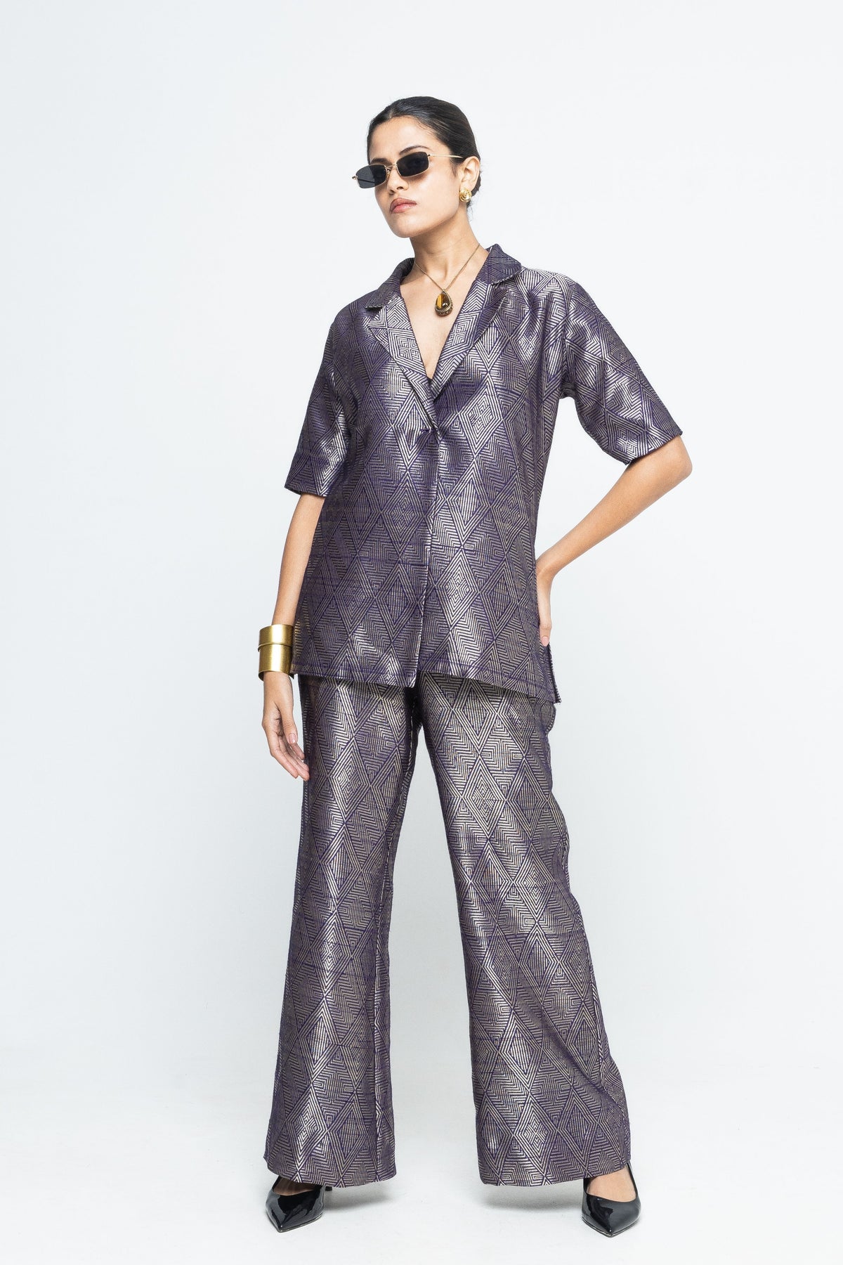 Metallic Purple Wrap Blazer Set