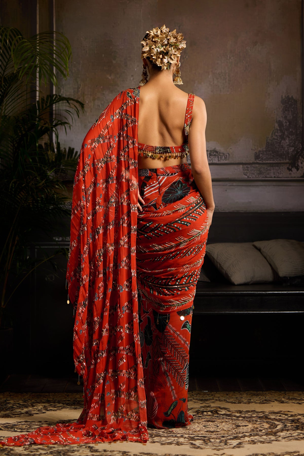 Rust Printed Draped Saree Set