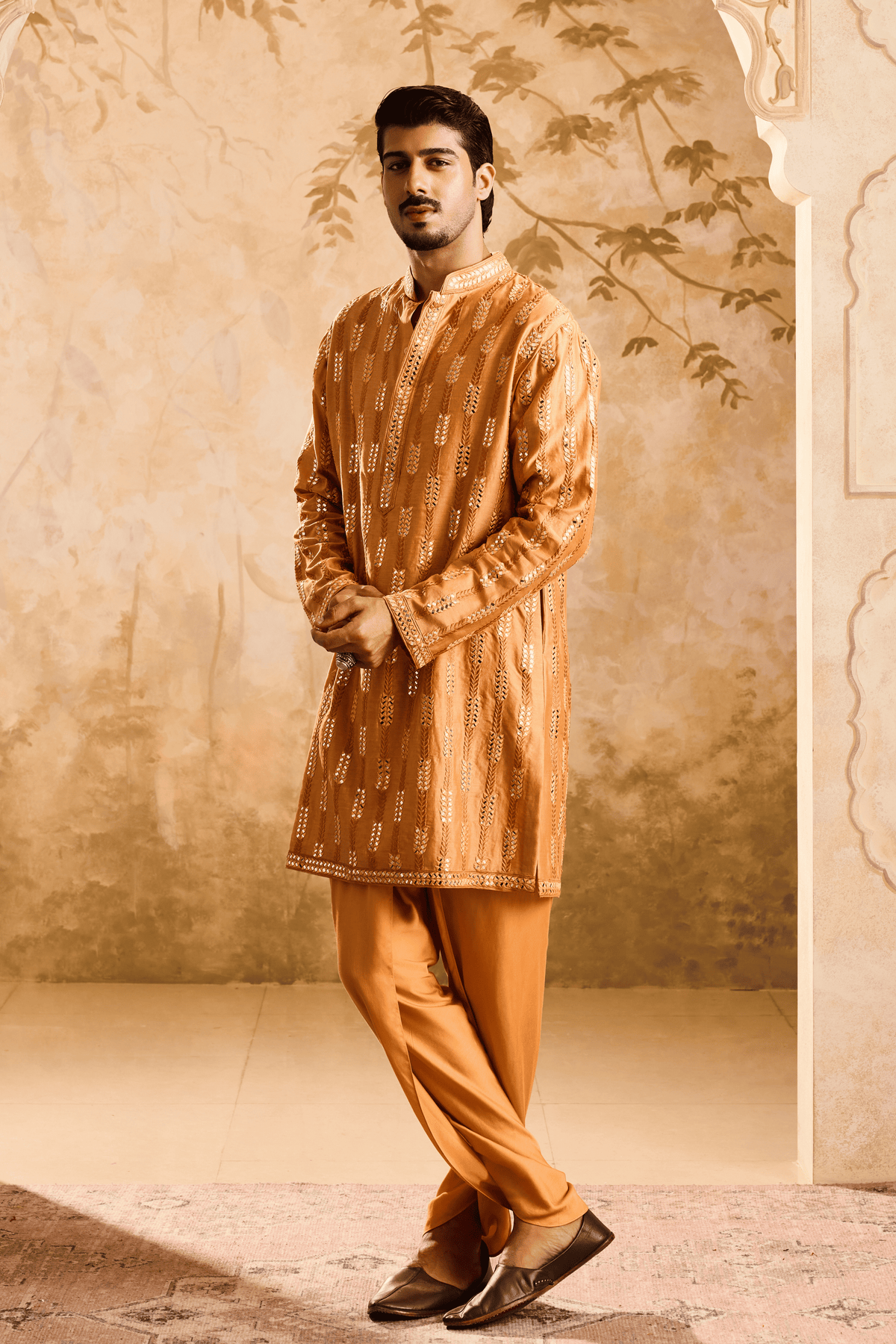 Embroidered Rust Kurta Dhoti Set
