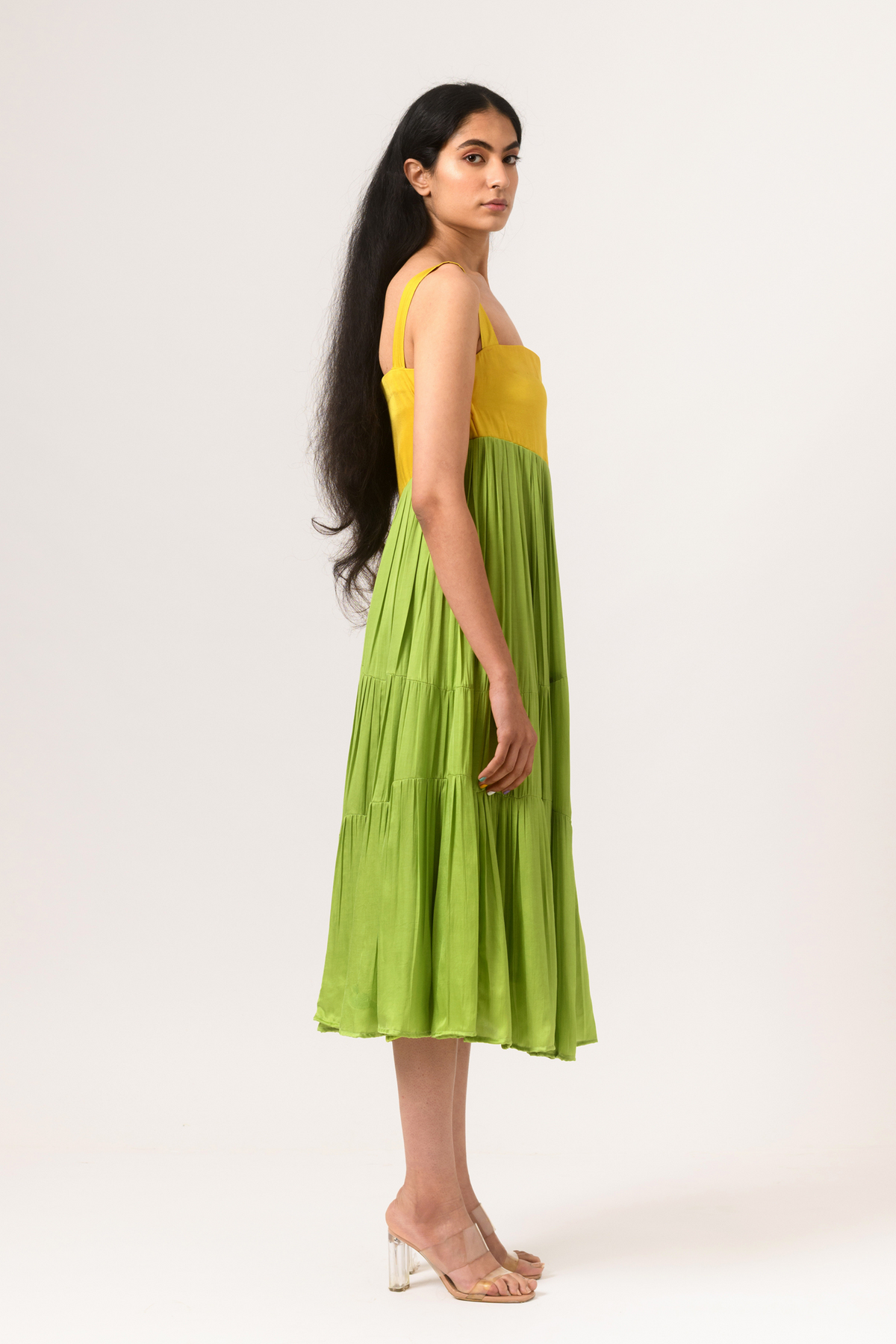 Yellow green asymmetrical gather dress