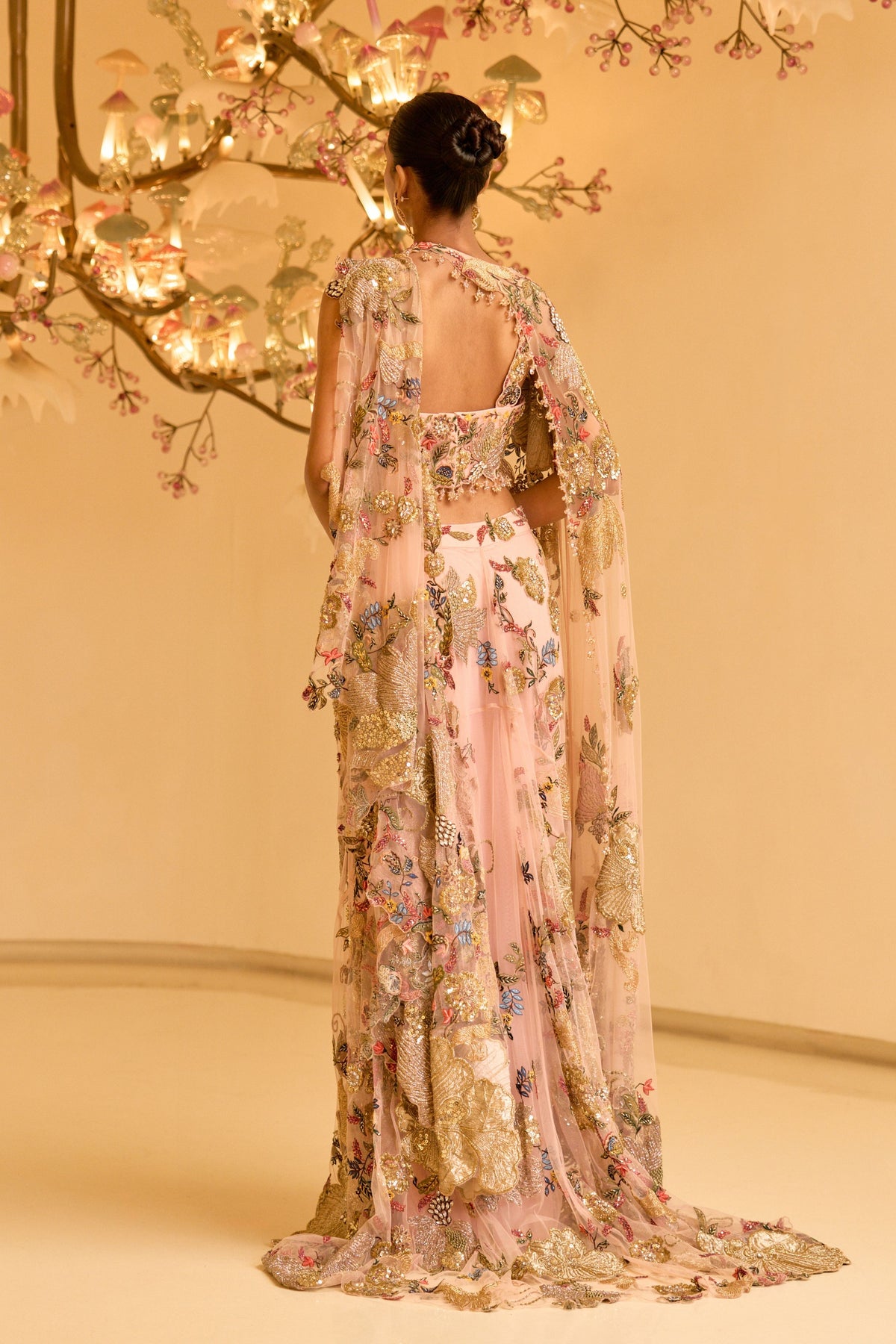 Botanical Draped Saree With Cape