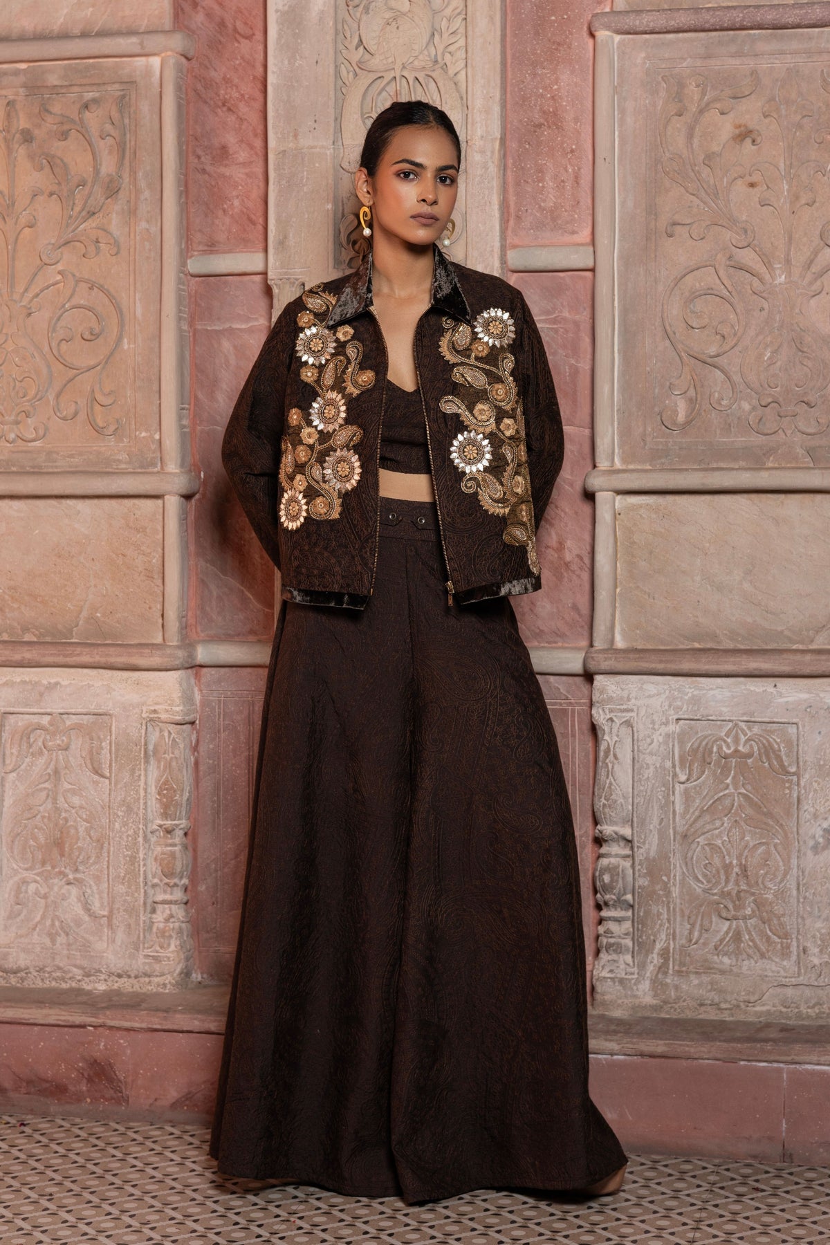 Brown Embroidered Jacket Set