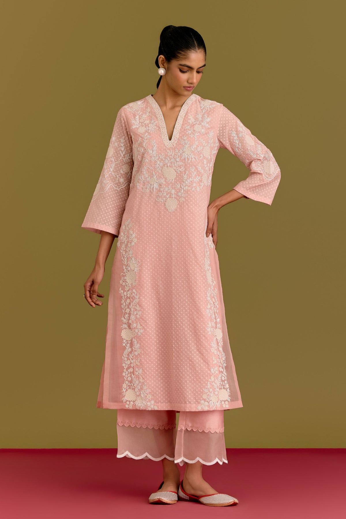 Pink Woven Kurta Set