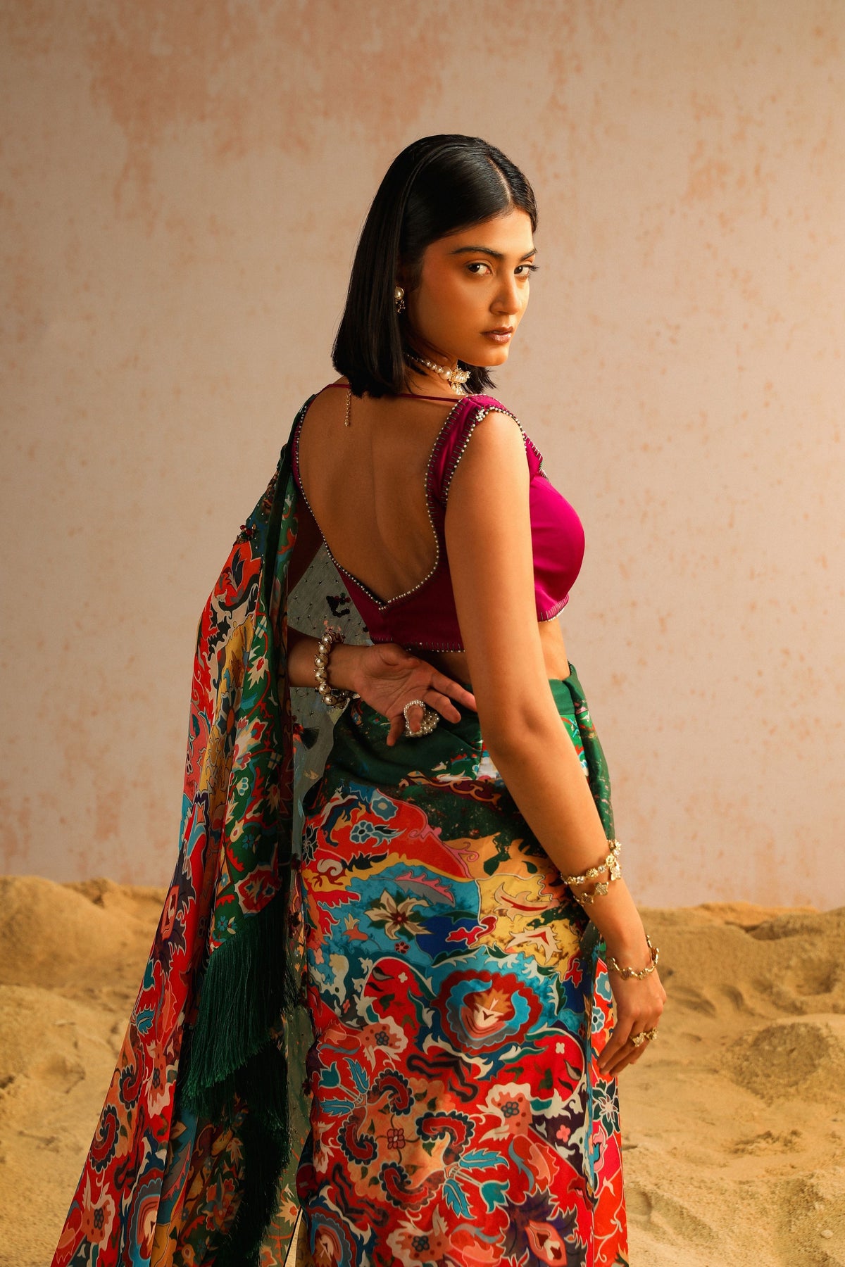 Green Draped Saree With Purple Blouse