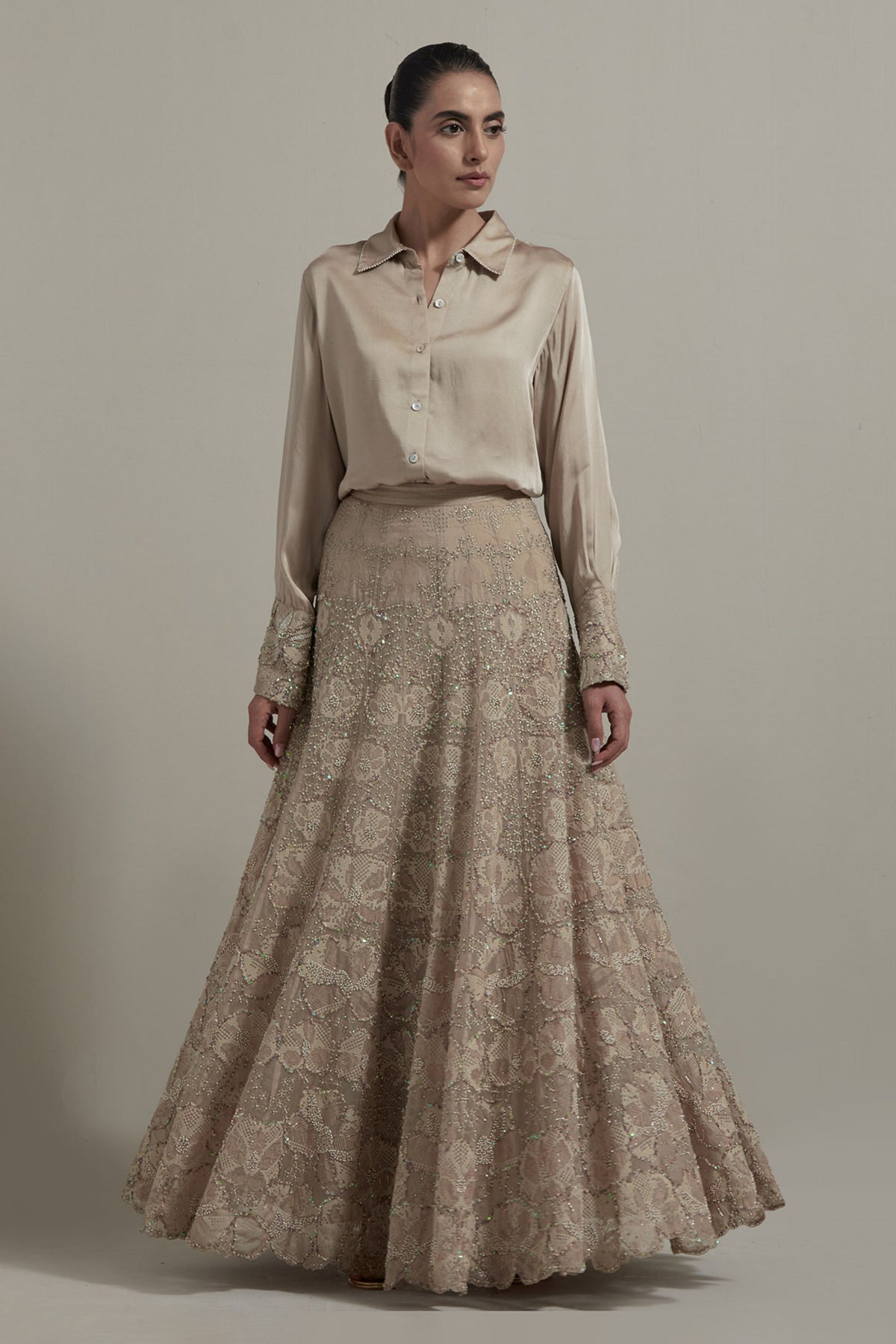 Beige Shirt Embellished Lehenga Set