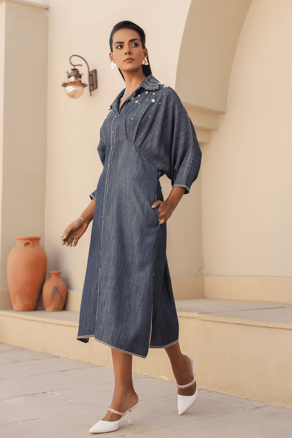 Azure Pearl Kaftan Dress in Dark Blue