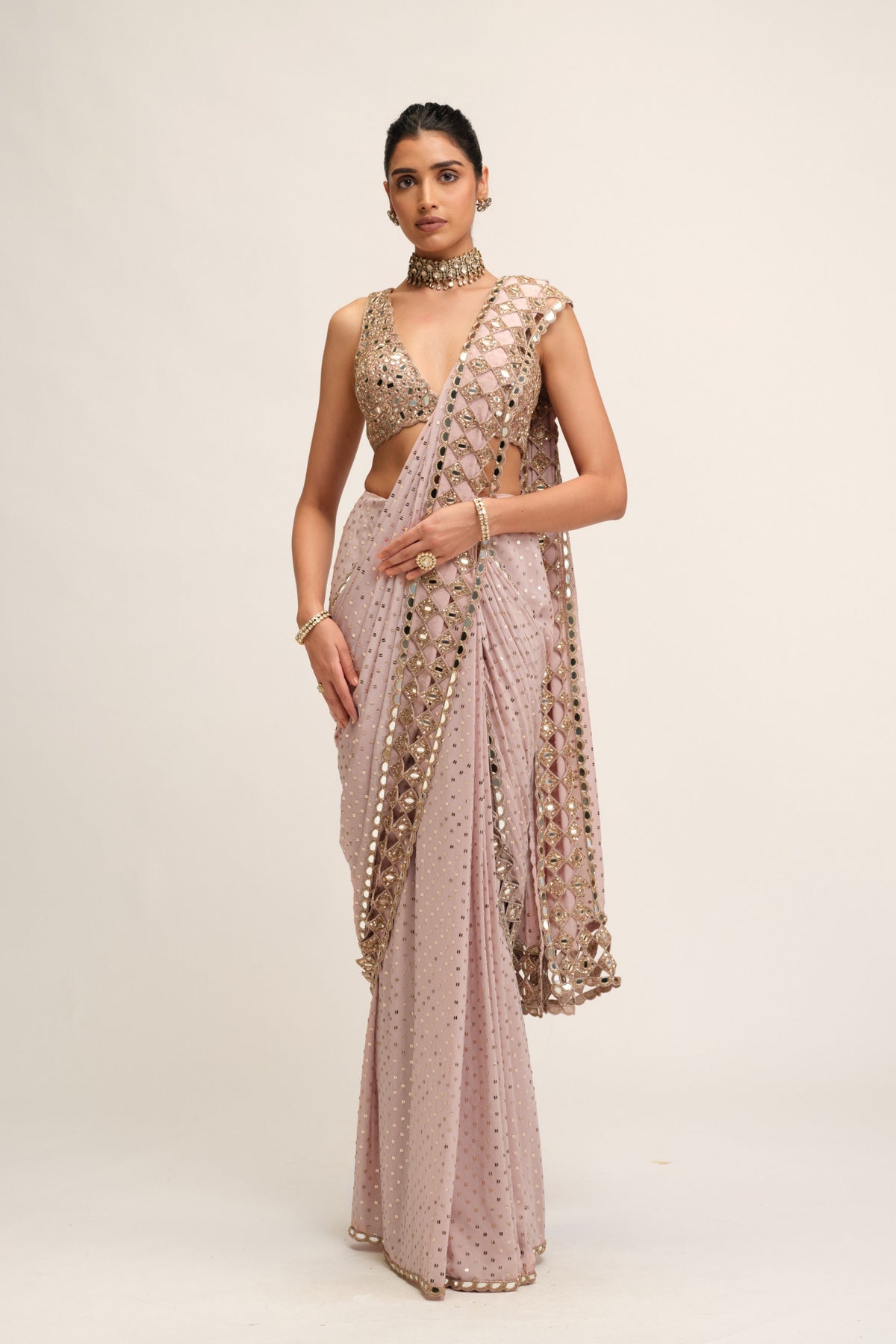 Ash Draped Saree Set