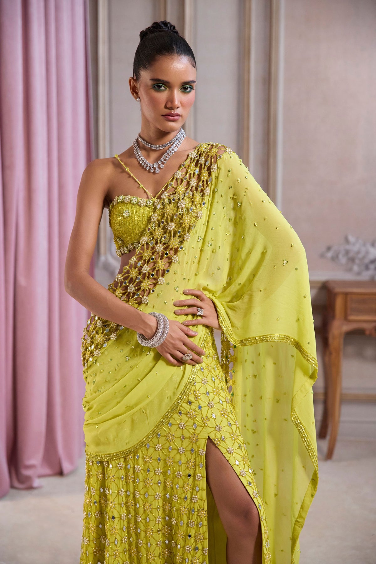 Neon Green Slit Saree Set