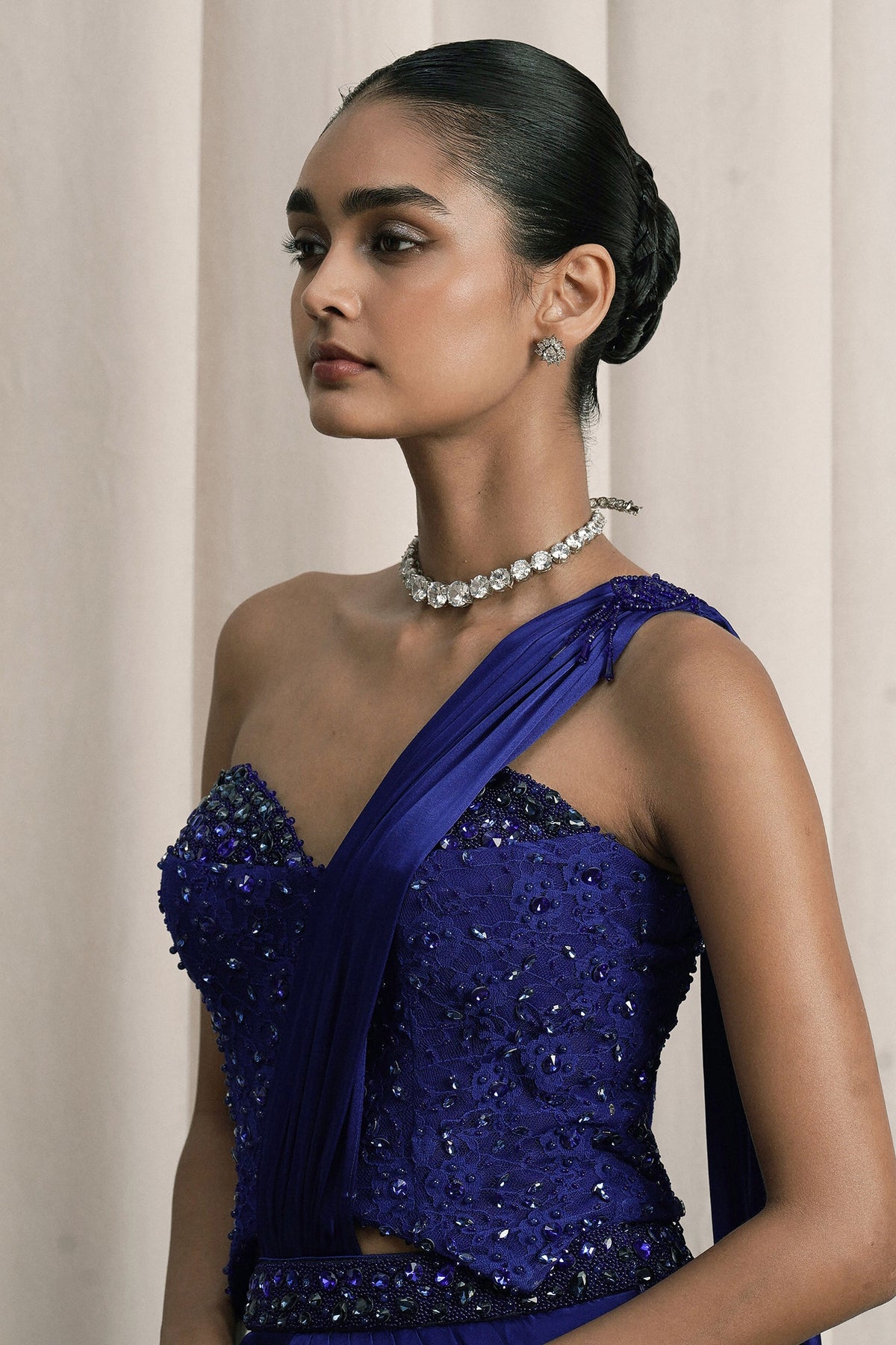 Royal Blue Chantilly Draped Saree Set