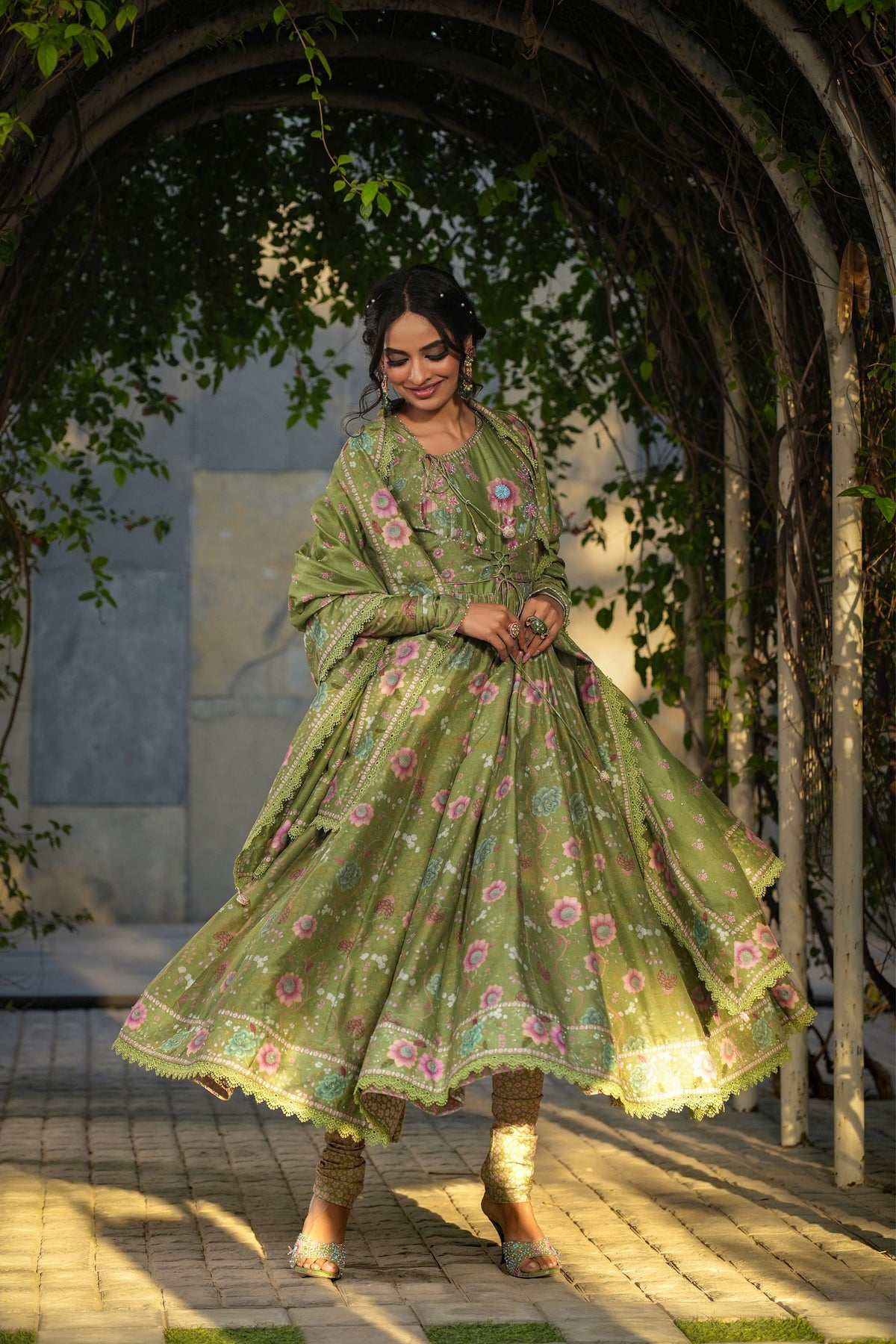 Mughal Koti Anarkali in Dark Green