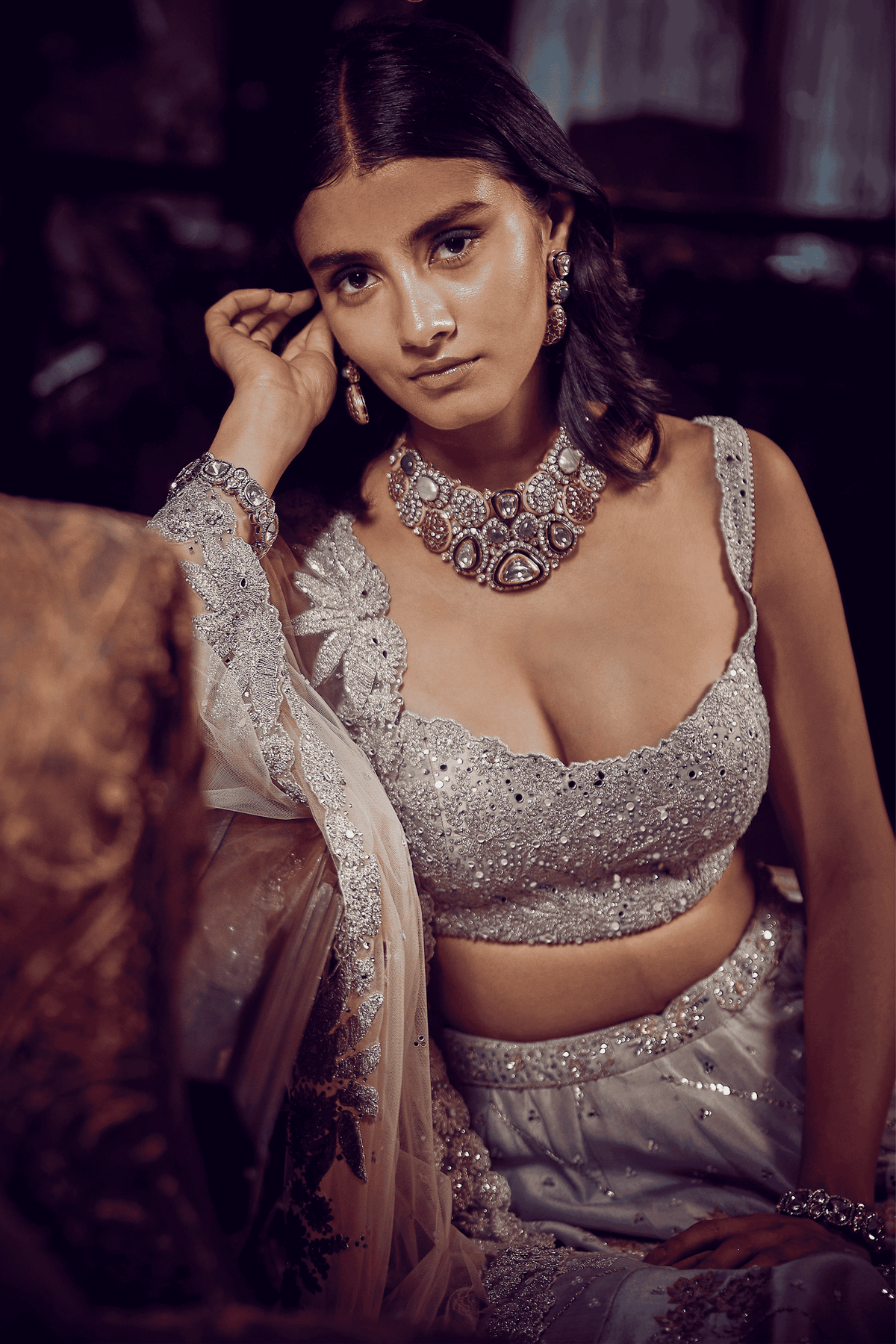 Ice Blue Flamingo Landscape Lehenga Set