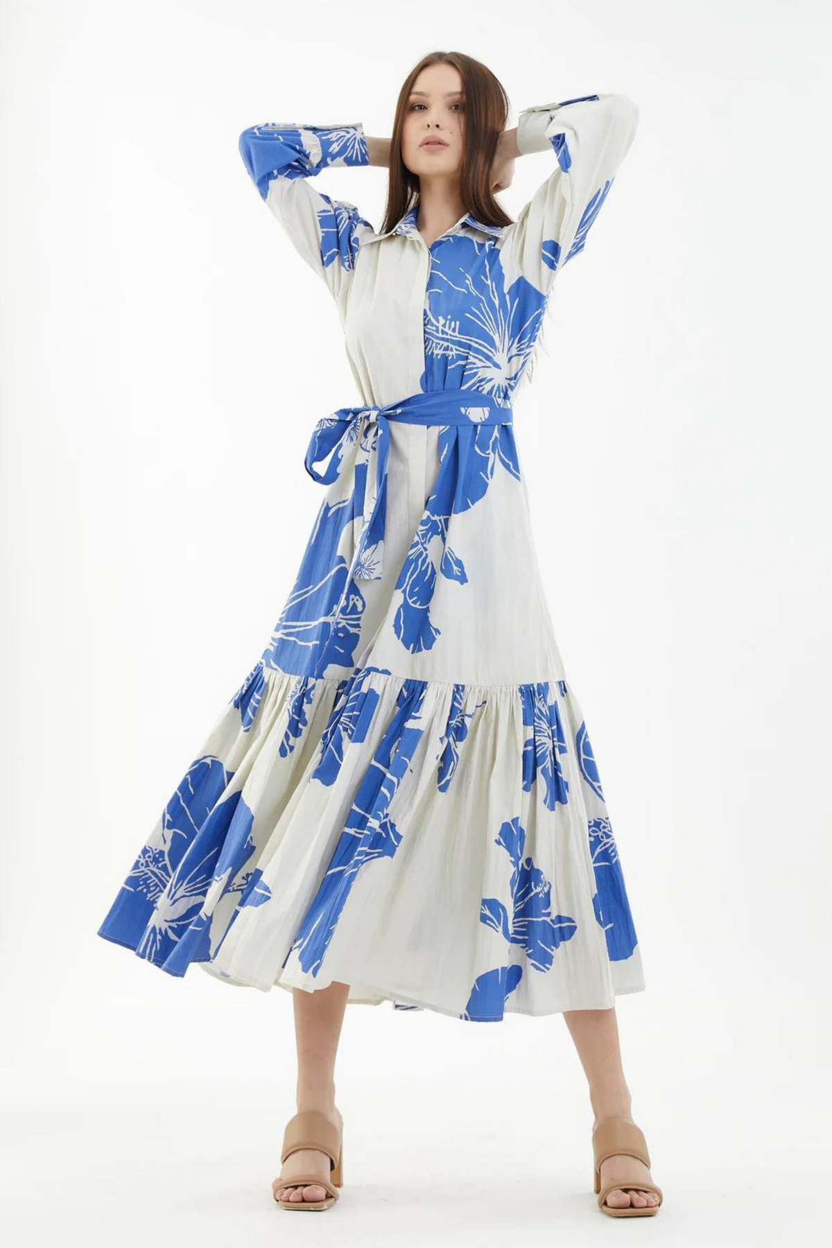 White And Blue Floral Single Tier Dress