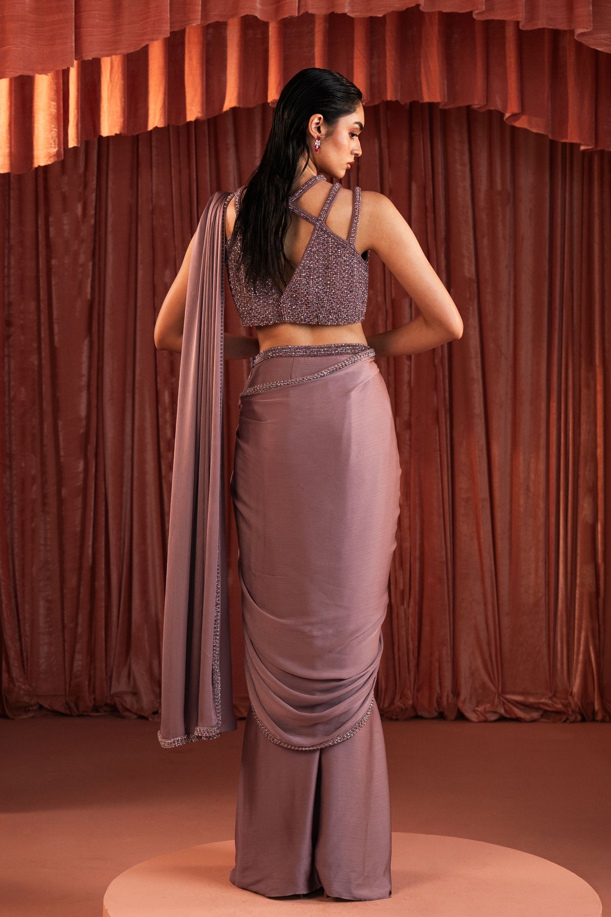 Purple Beaded Draped Saree Set