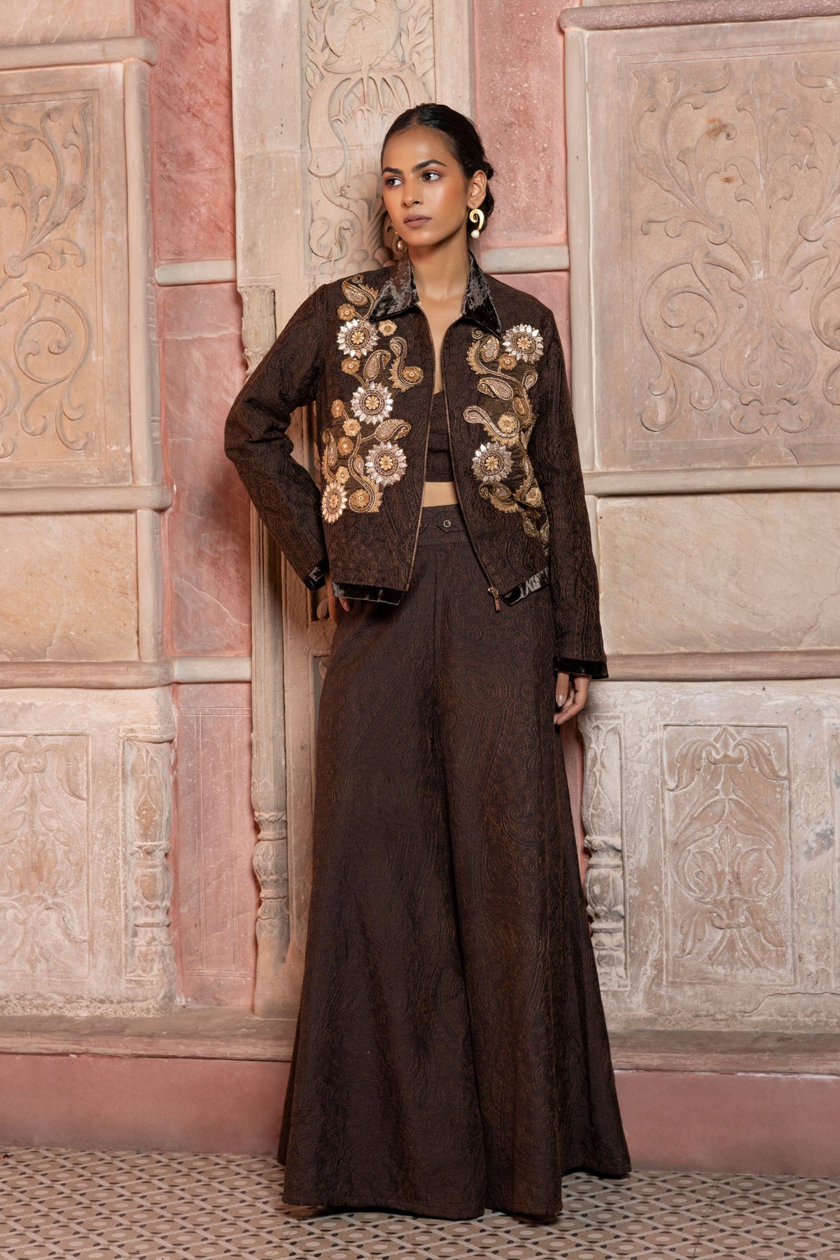 Brown Embroidered Jacket Set