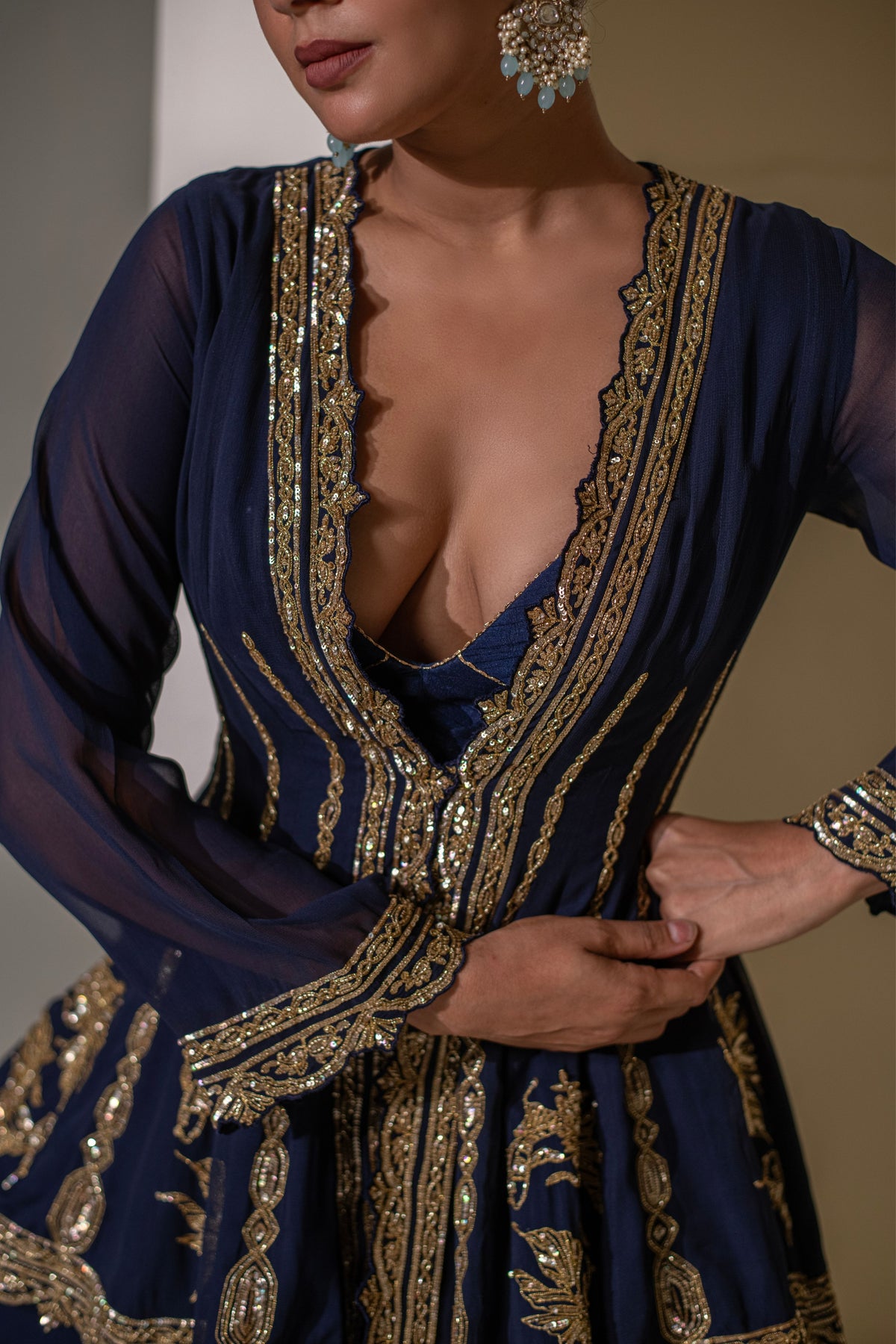 Blue Embellished Kalidar  Jacket Set