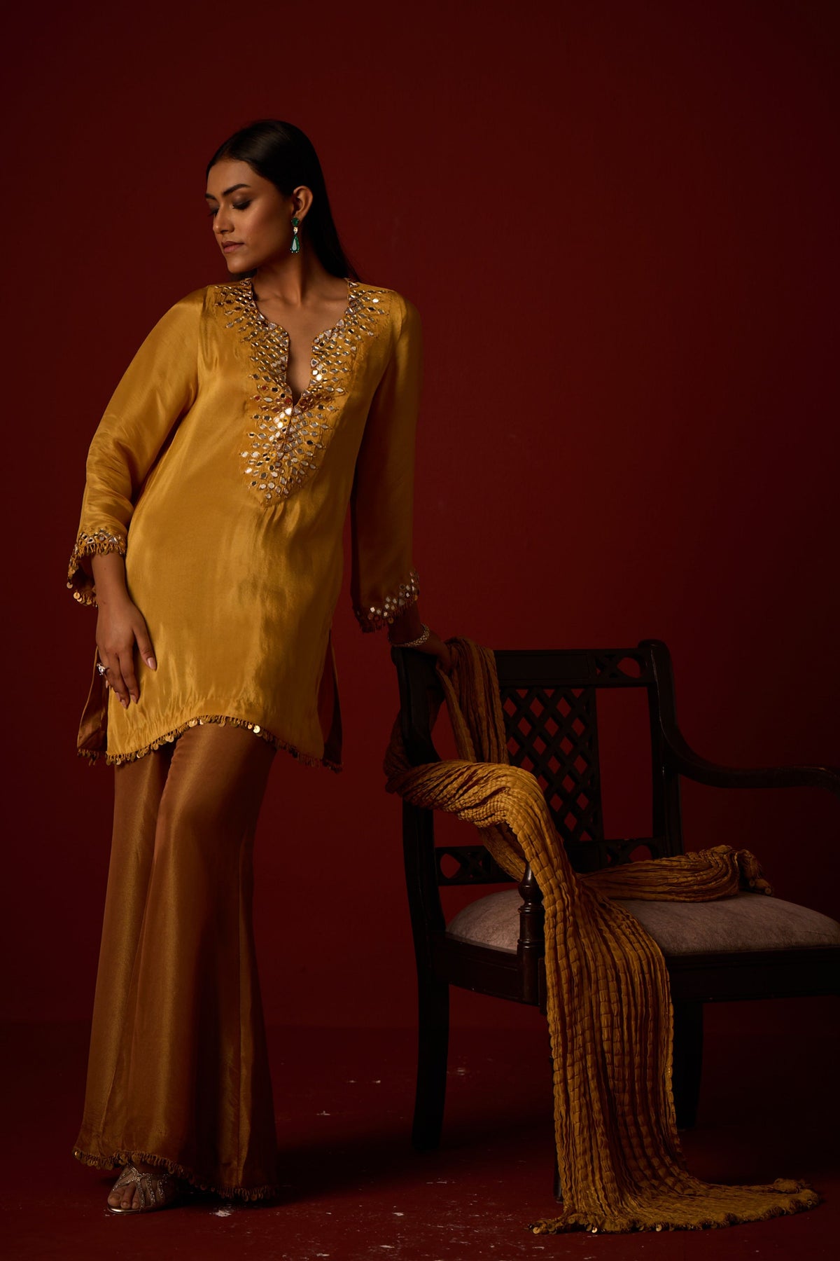 Golden Yellow Mirror Work Kurta