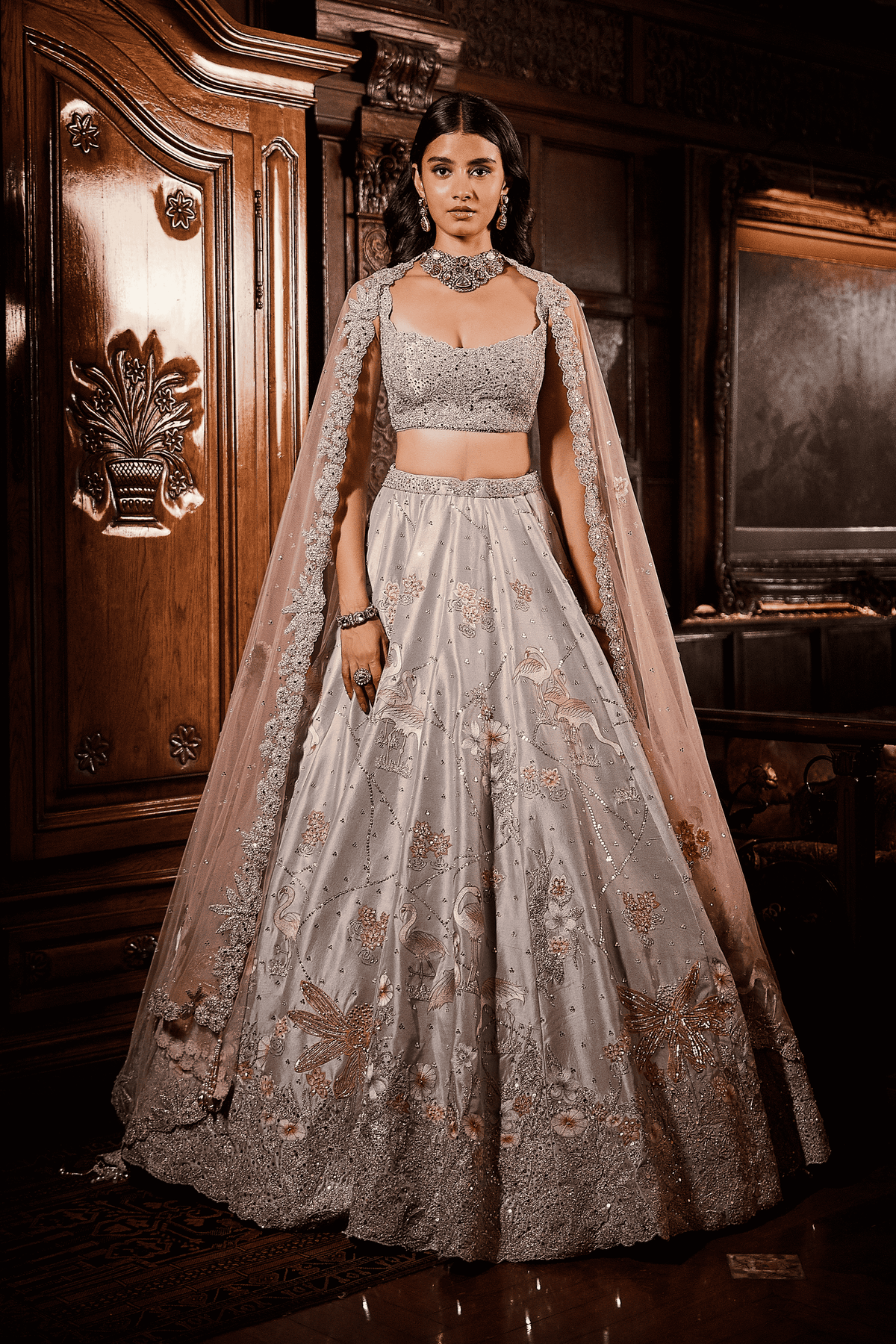 Ice Blue Flamingo Landscape Lehenga Set