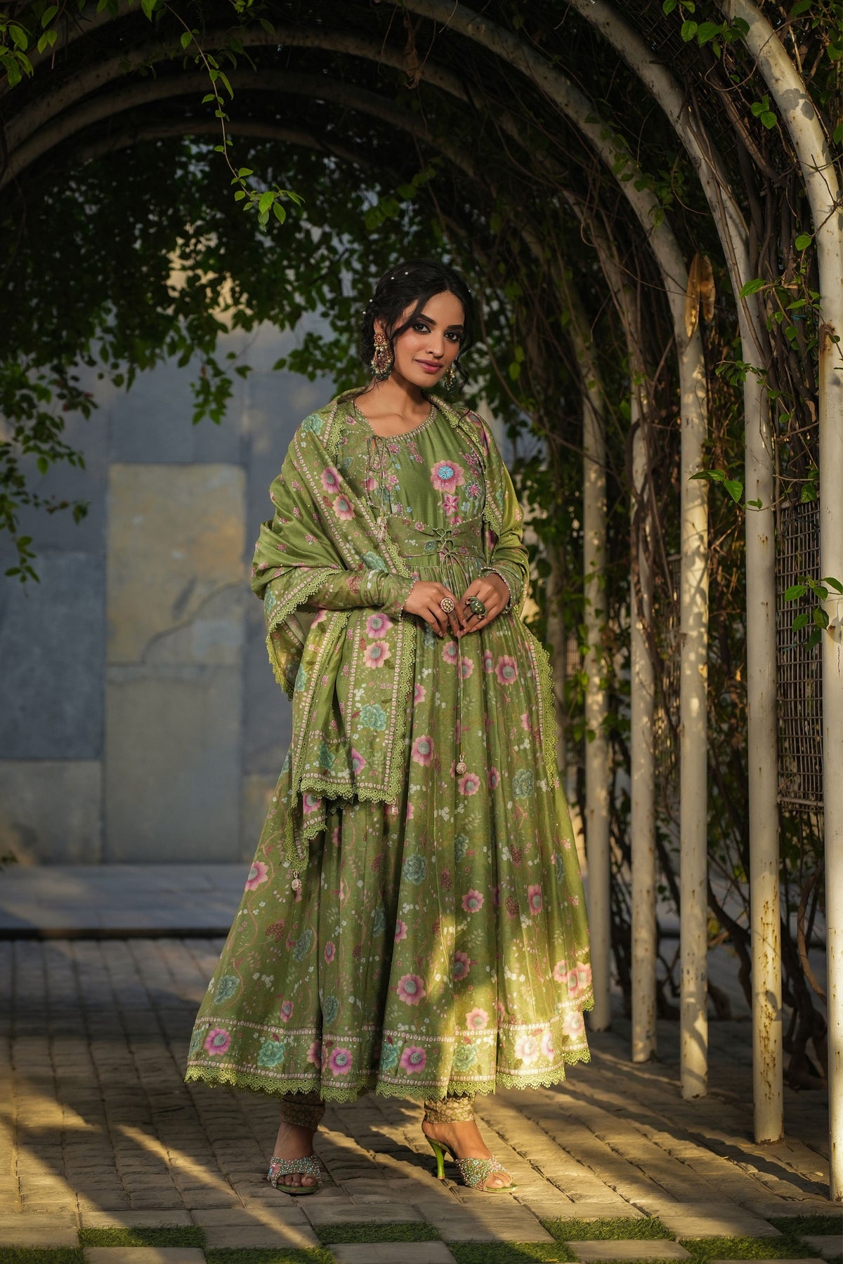 Mughal Koti Anarkali in Dark Green