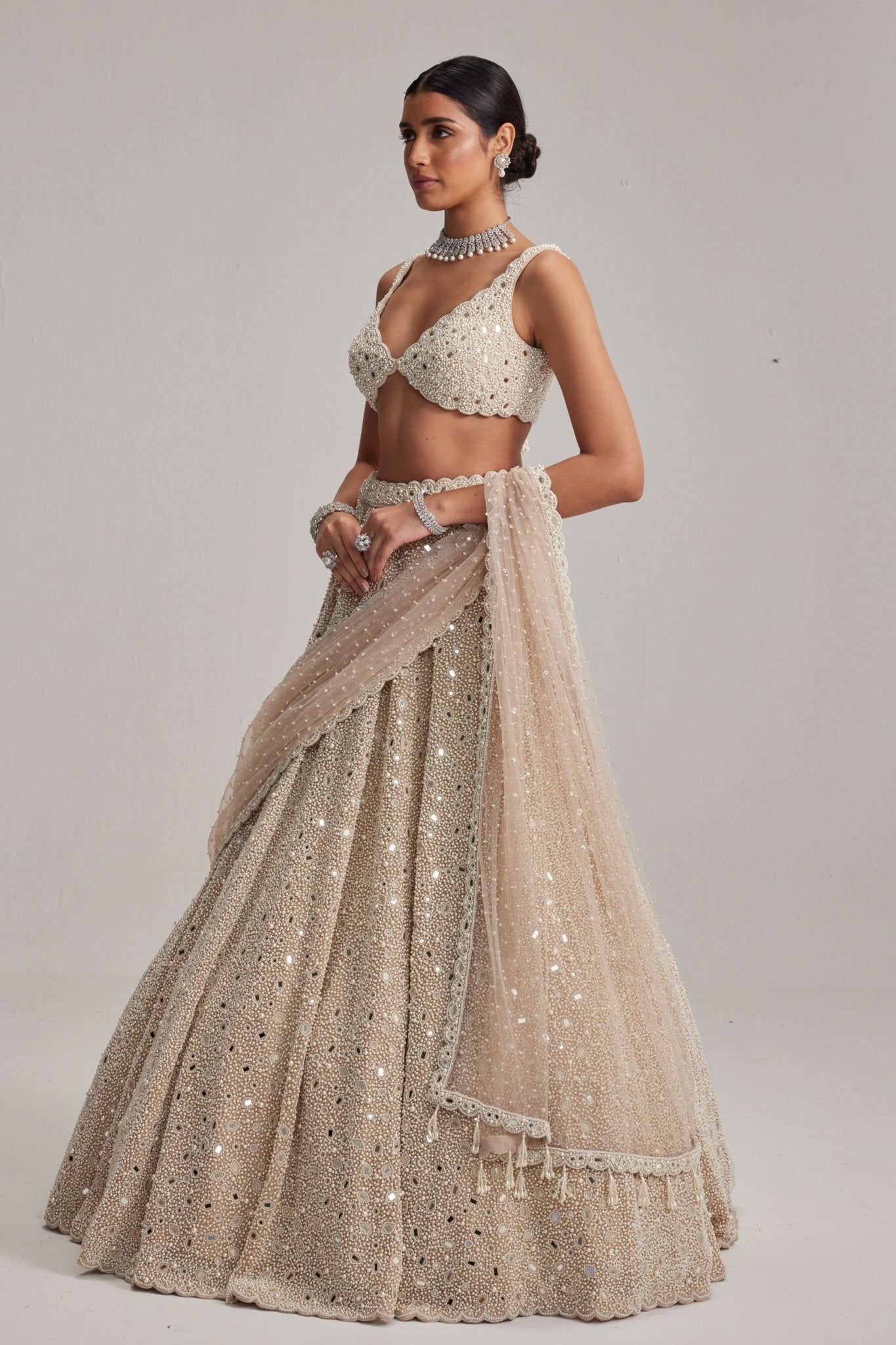Light Beige Mirror and Pearl Lehenga Set - Vvani by Vani Vats - Elahe