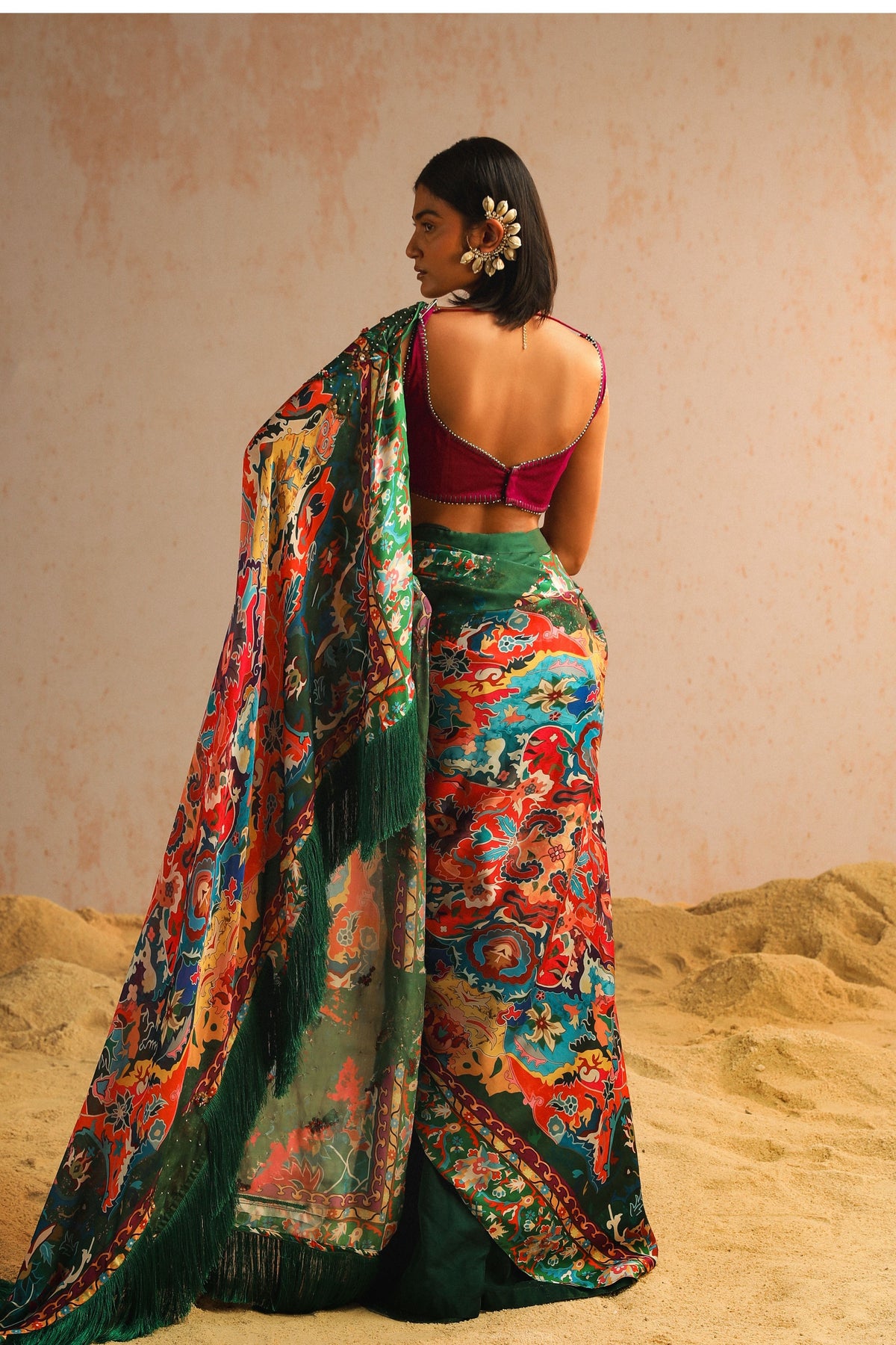 Green Draped Saree With Purple Blouse