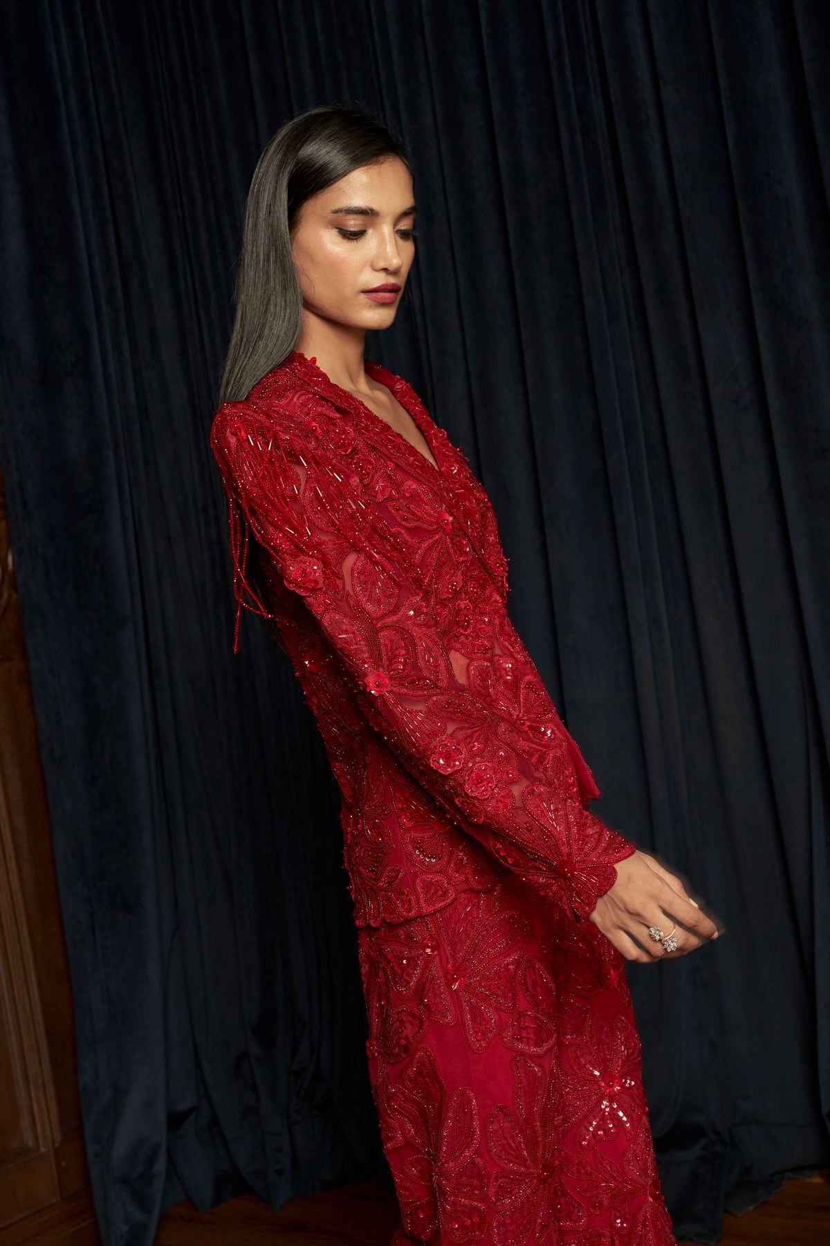 Embroidered Puff Shoulder Jacket Set