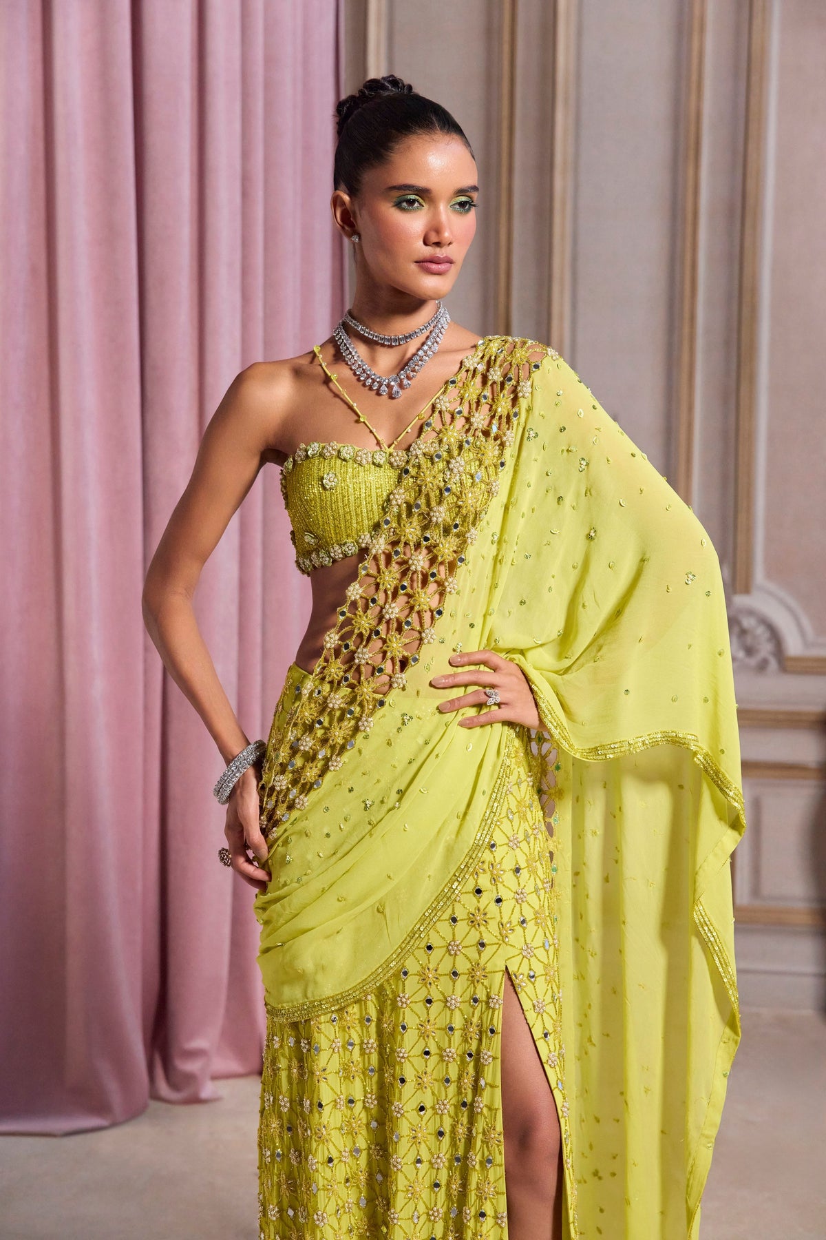 Neon Green Slit Saree Set
