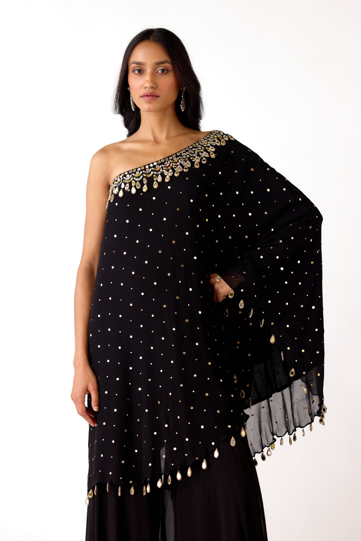 Black One Shoulder Cape Set
