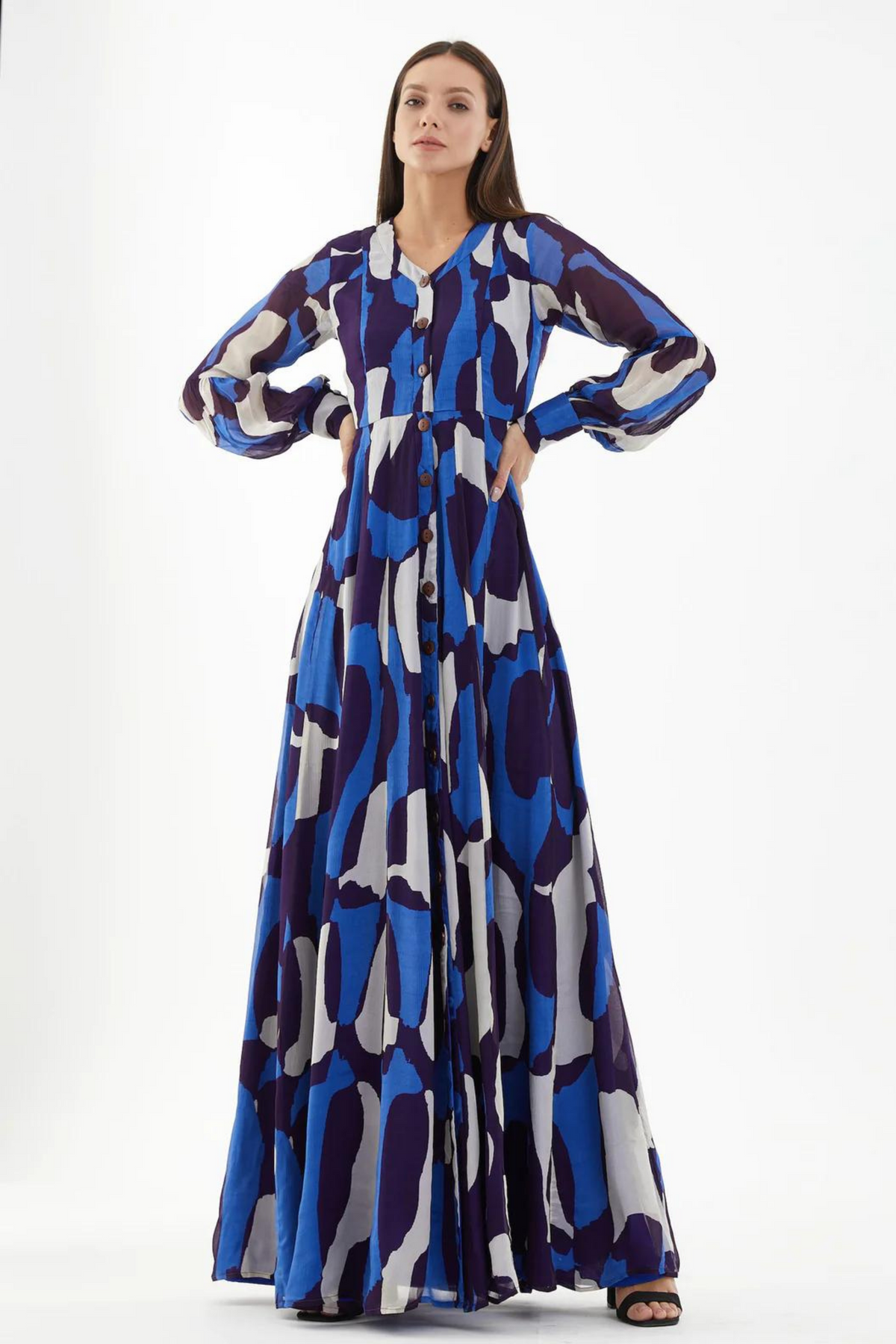 Blue And White Abstract Long Shirt Dress