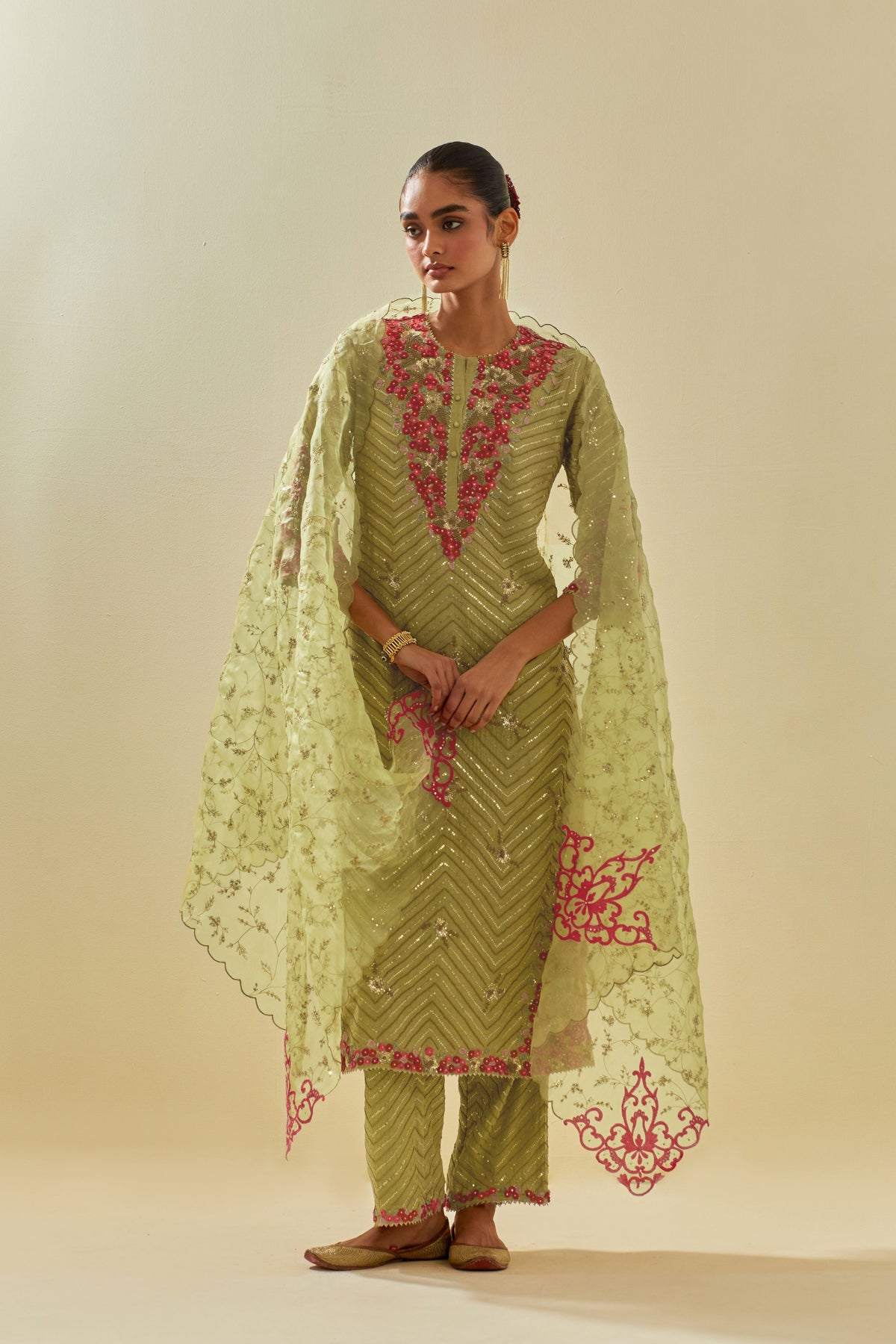 Green Tissue Chanderi Kurta Set
