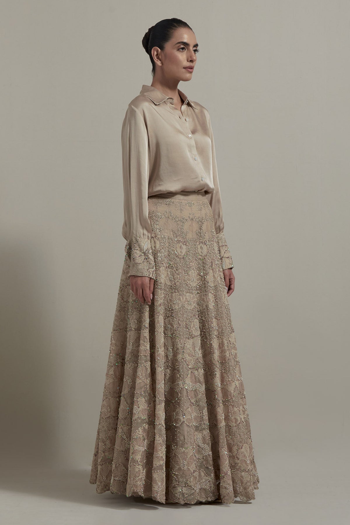 Beige Shirt Embellished Lehenga Set