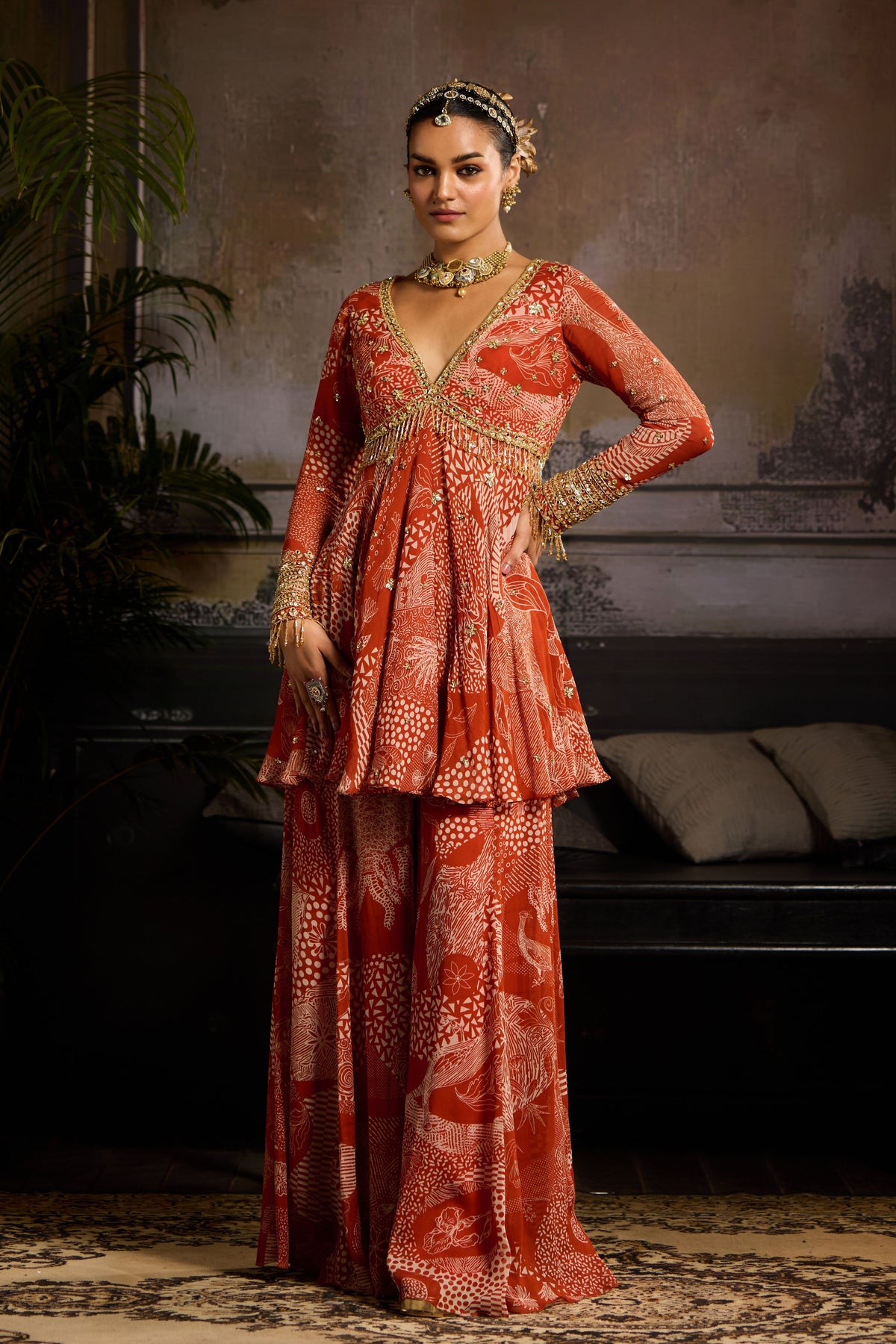 Printed Peplum Set in Rust