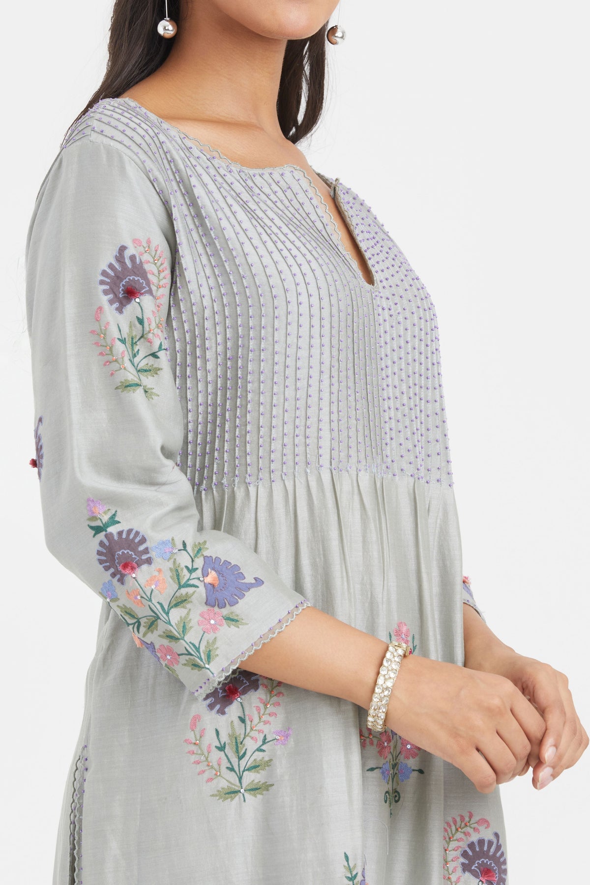 Chanderi Bluish Grey Kurta Set