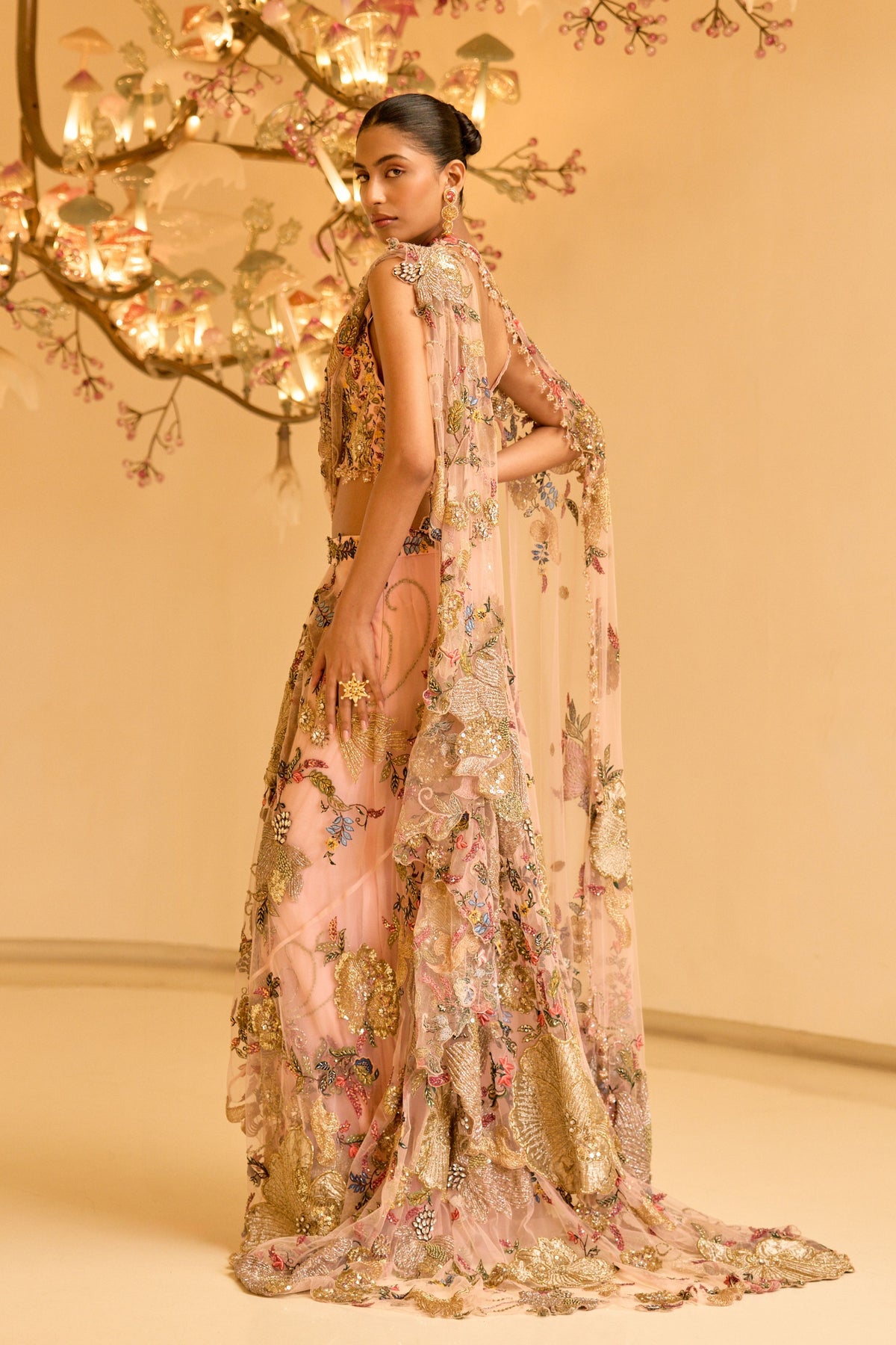 Botanical Draped Saree With Cape
